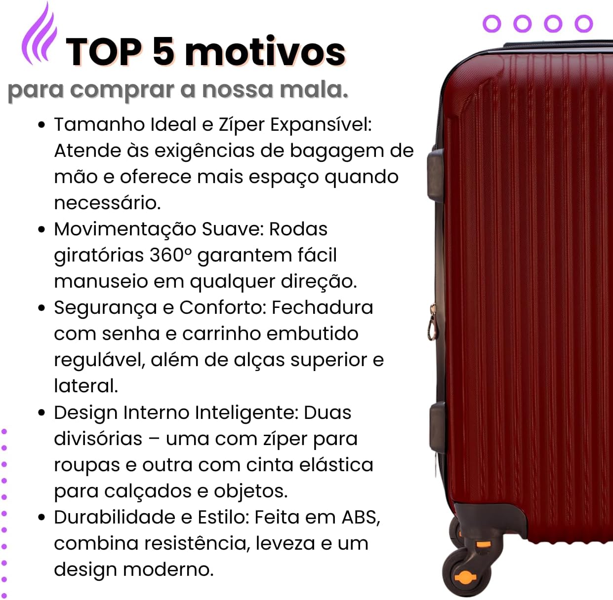 Mala de Viagem de Bordo Abs 10kg Expansiva ANAC 360 Graus com Senha (Vinho)