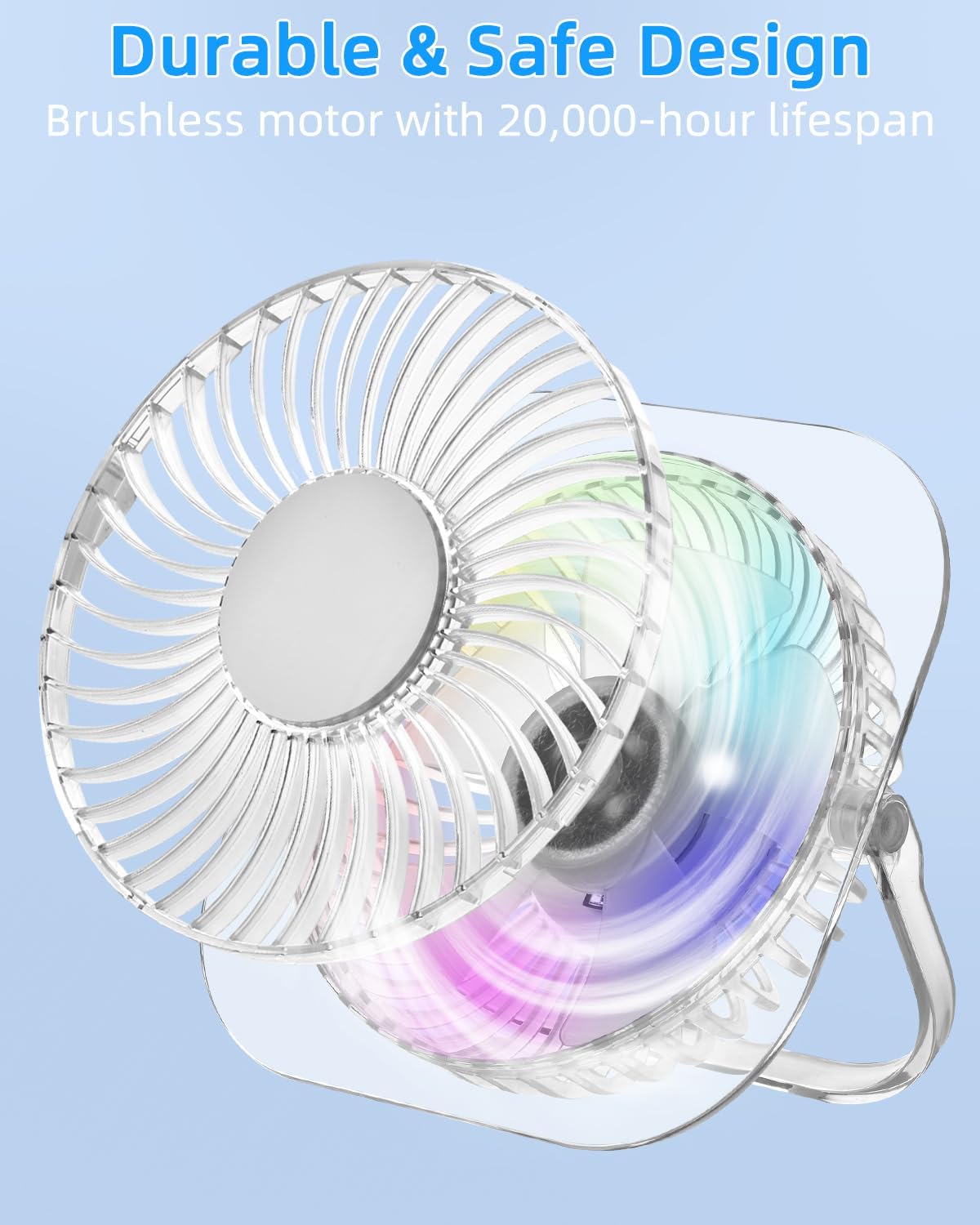 USB Desk Fan with RGB Lighting - Transparent Design, 3 Speeds & 360° Rotation (Transparent)
