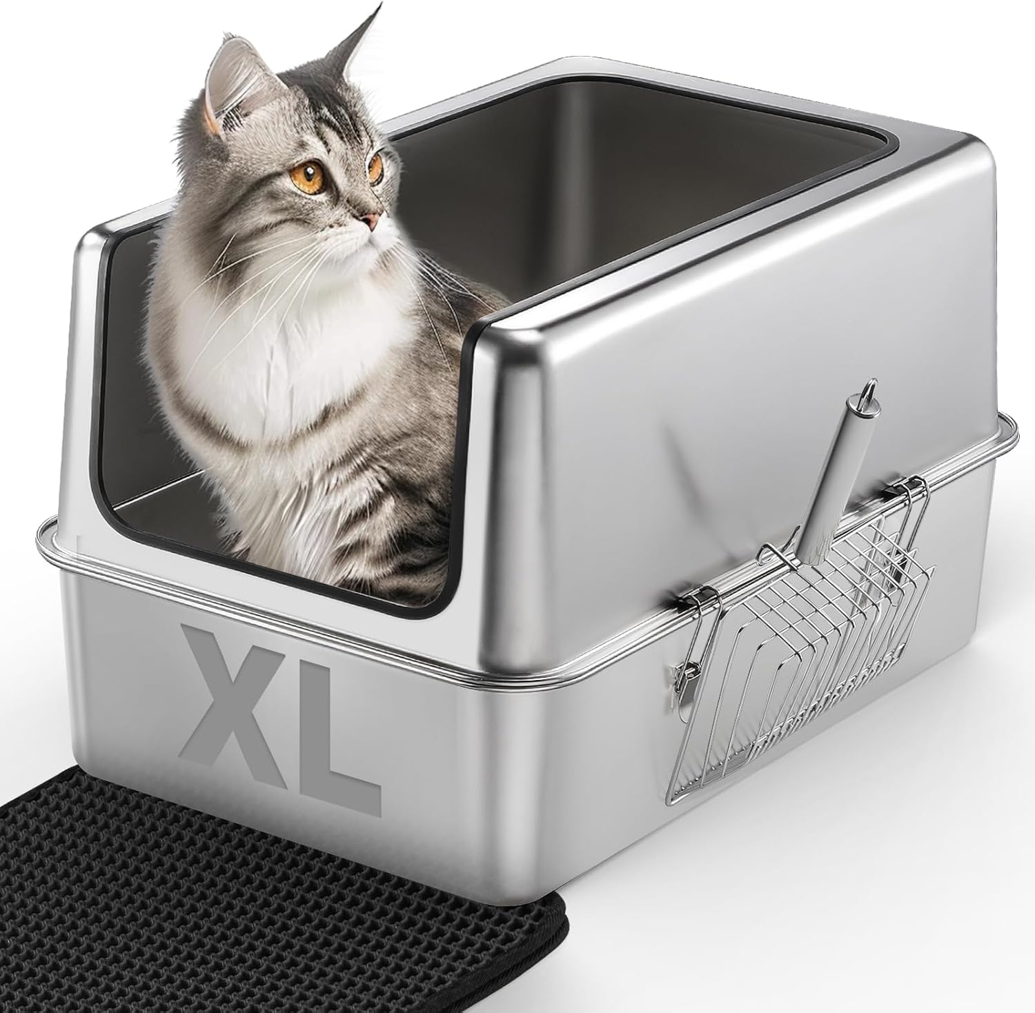 IPOW XXL All Stainless Steel Litter Box for Large Cats with Strengthen 5 Clasps Ultra Sturdy Cat Litter Box & Double Layers Cat Litter Mat & Non-Slip Mats Odor-Free Easy Clean