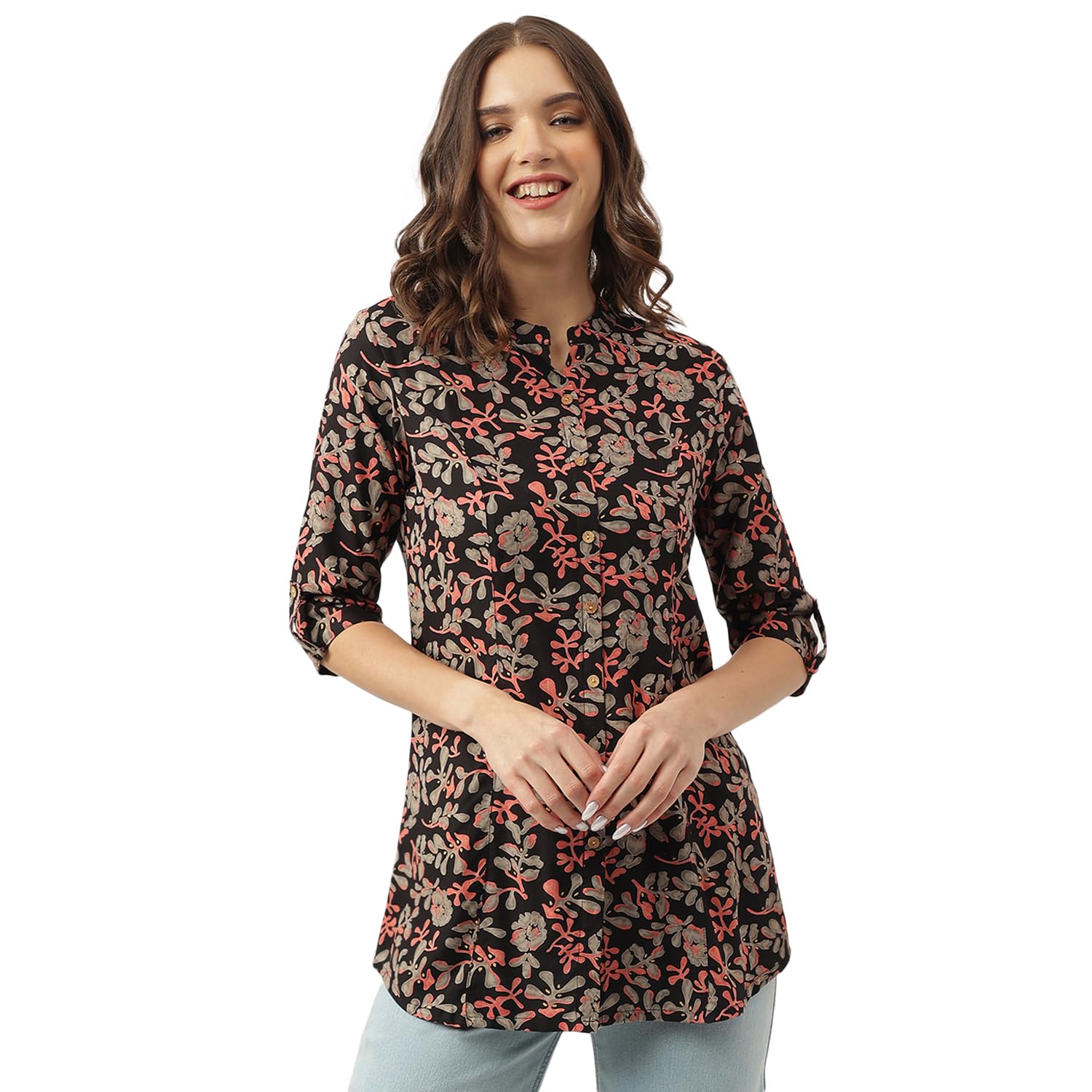 Divena Black Floral Printed Rayon Regular Top Divena Black Floral Printed Rayon Regular Top