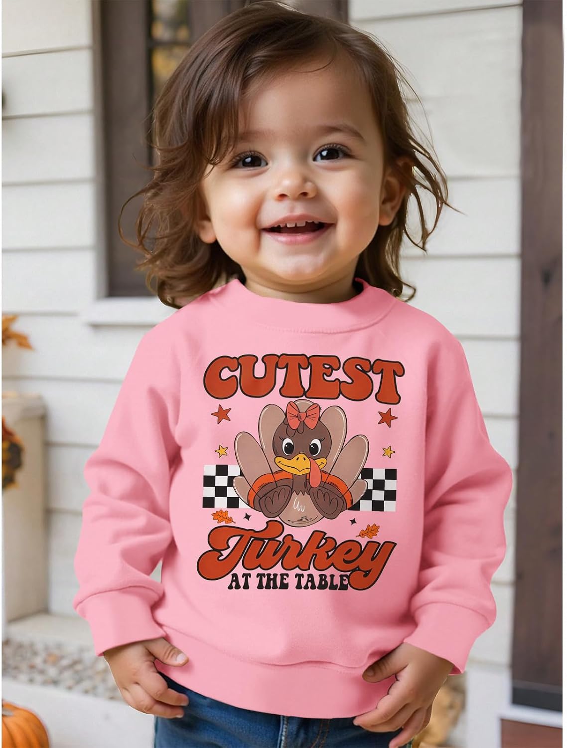 Toddler Girl Thanksgiving Sweatshirt Cutest Turkey at the Table Shirts Long Sleeve Fall Pullover Tops Thankful Outfit