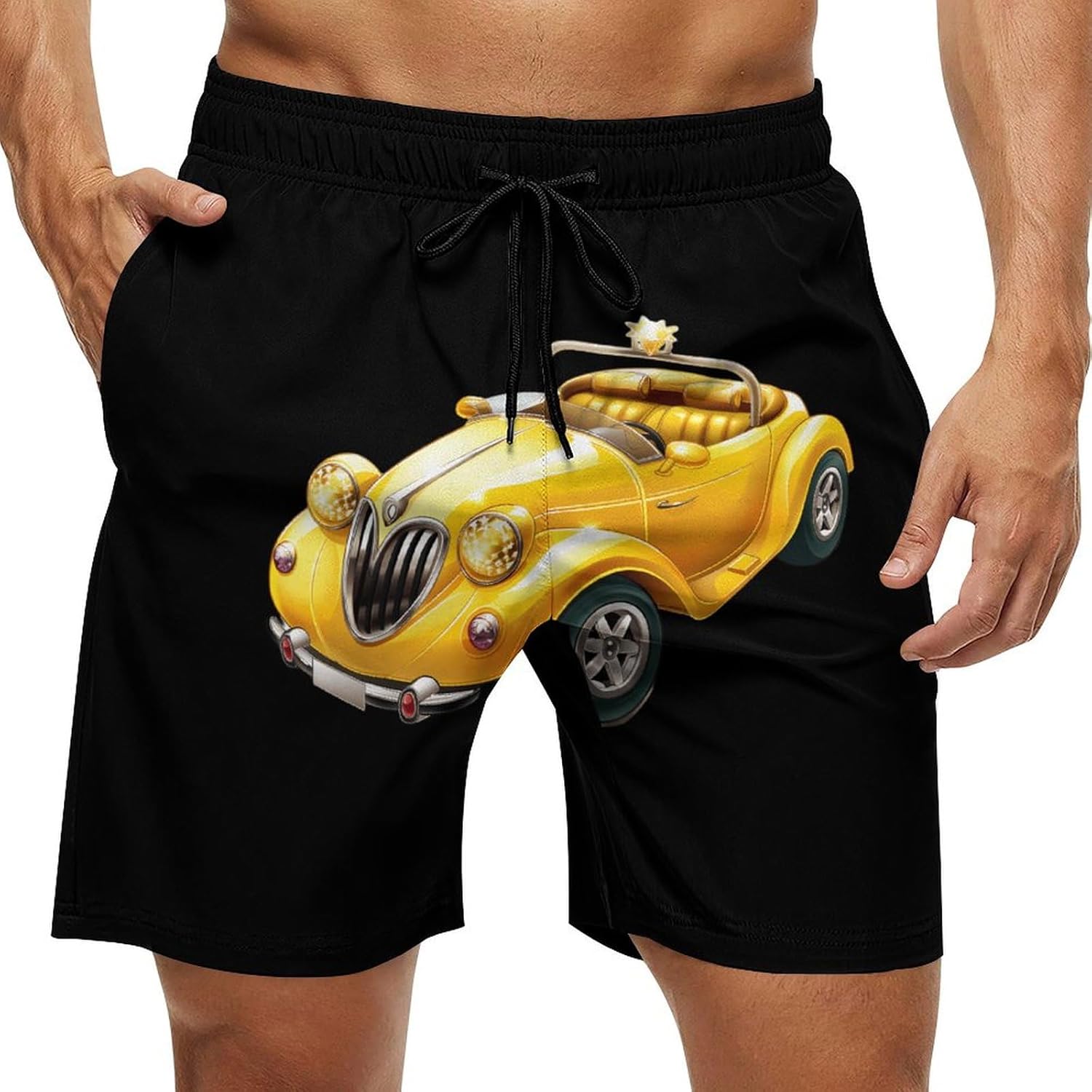 Yellow Cute Car Diamond Casual Men's Swim Trunks Novelty Summer Beach Shorts Swimwear with Pocket