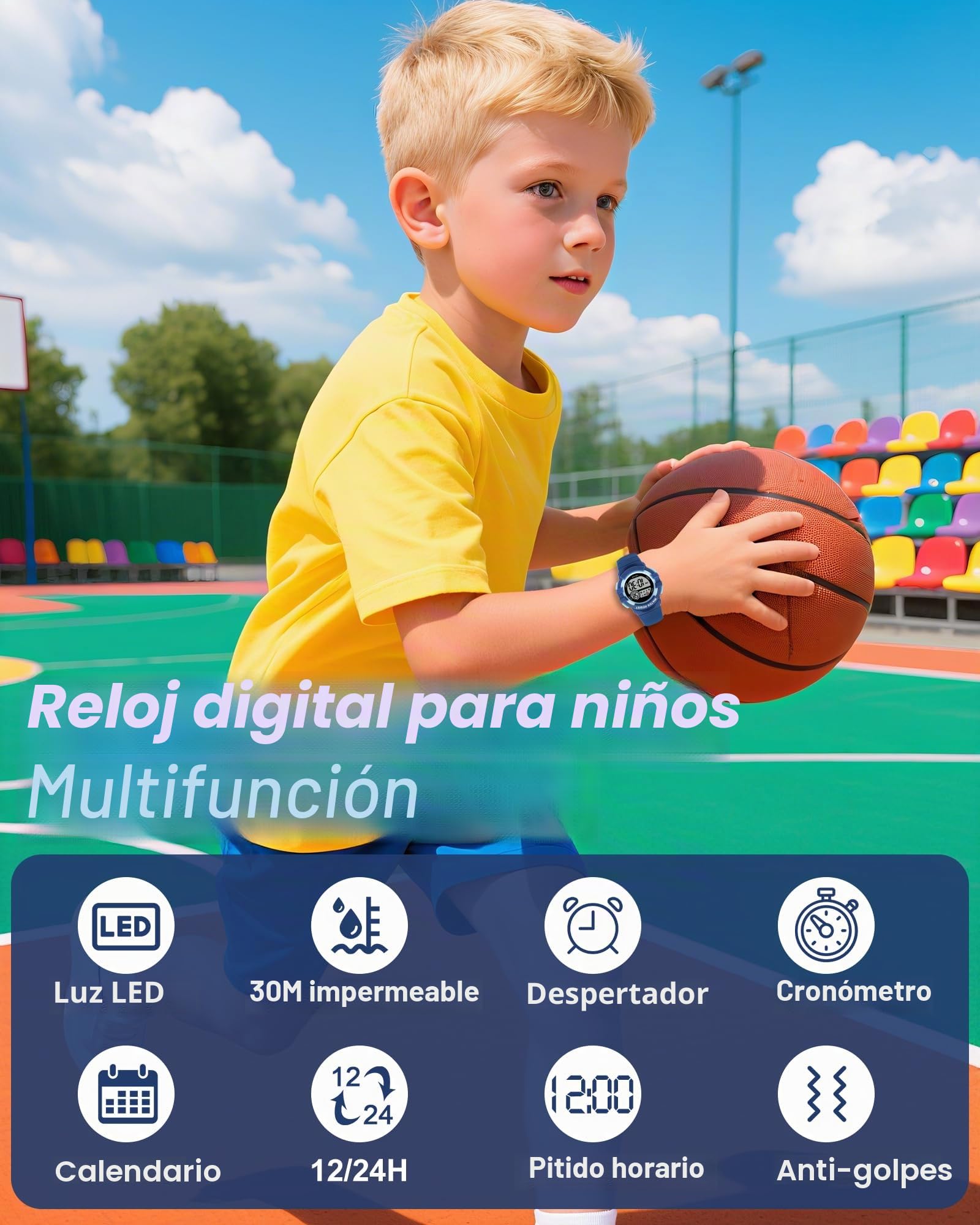 Reloj Niño Digital Infantil con 7 Luces LED,Impermeable 3 ATM, Alarma,Fecha,Cronómetro,Reloj Deportivo de Pulsera para Niñas y Niños,Regalo Ideal