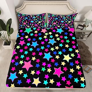 Kids Cute Star Print Fitted Sheet Twin Size Kawaii Star Pattern Bed Sheet Set for Boys Teens Decor Colorful Rainbow Bedding Set Multicolored Bed Cover Bedroom 2Pcs