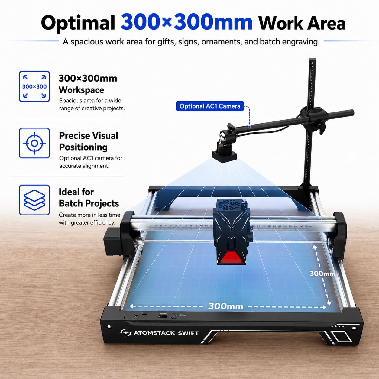 ATOMSTACK Swift laser Graviermaschine für Anfänger, 7000mW Laser Cutter, 300×300mm Gravurbereich, Kostenlose AtomStack-Software und App, Hohe Präzision Lasergravierer für Holz und Leder (Swift 7W)
