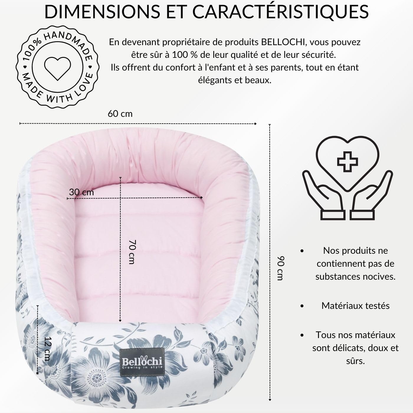 Bellochi Reducteur de Lit Bebe, Cale Bebe pour Lit, Cocon Bebe - 100% Coton, 0-12 Mois - Nid de Bebe, Baby Nest - 90 x 60 cm - Pink Berry