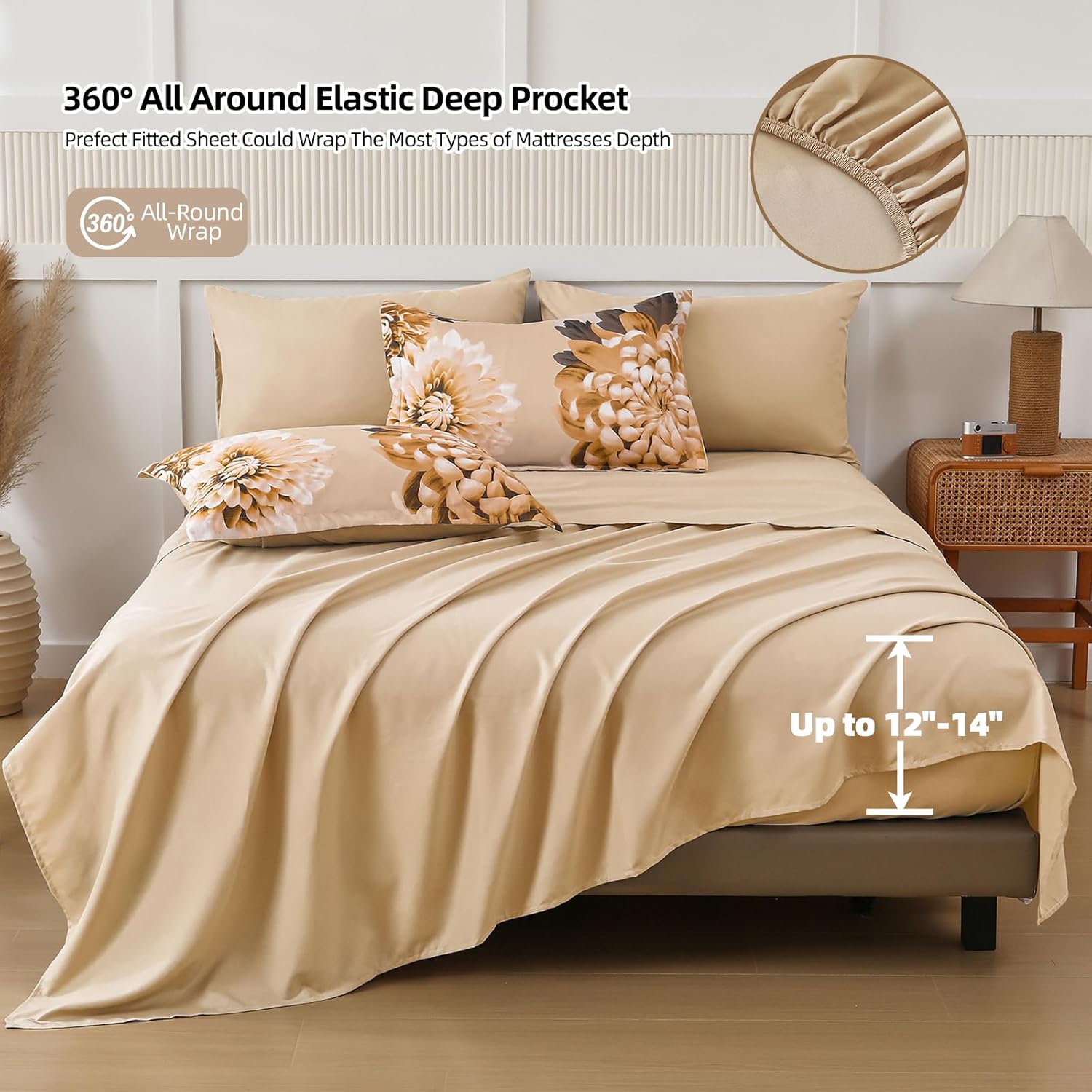 DJY Khaki Queen Comforter Set, 7 Piece Floral Comforter Set with Sheets Bed in a Bag Queen Size Elegant Flower Print Soft Microfiber Complete Bedding Set for All Season - Image 4