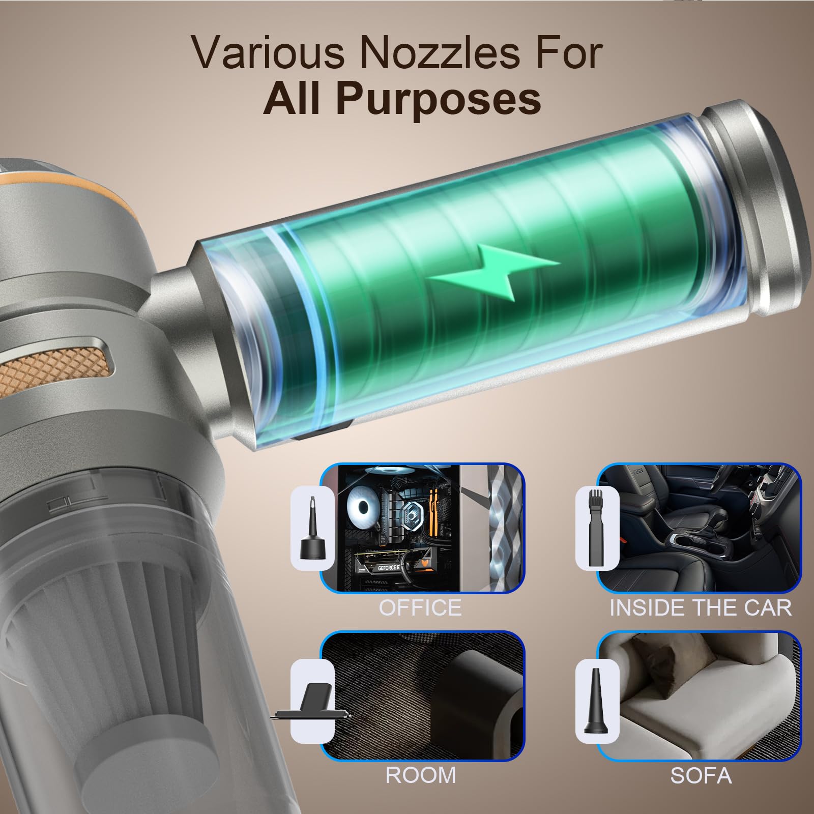 Aspirabriciole Senza Fili, 20000Pa 4 in 1 Aspirapolvere Auto Portatile,Aspiratore e Soffiatore con Motore Brushless,USB C Mini Aspirapolvere Potente per Auto Casa Ufficio Peli di Domestici (B)