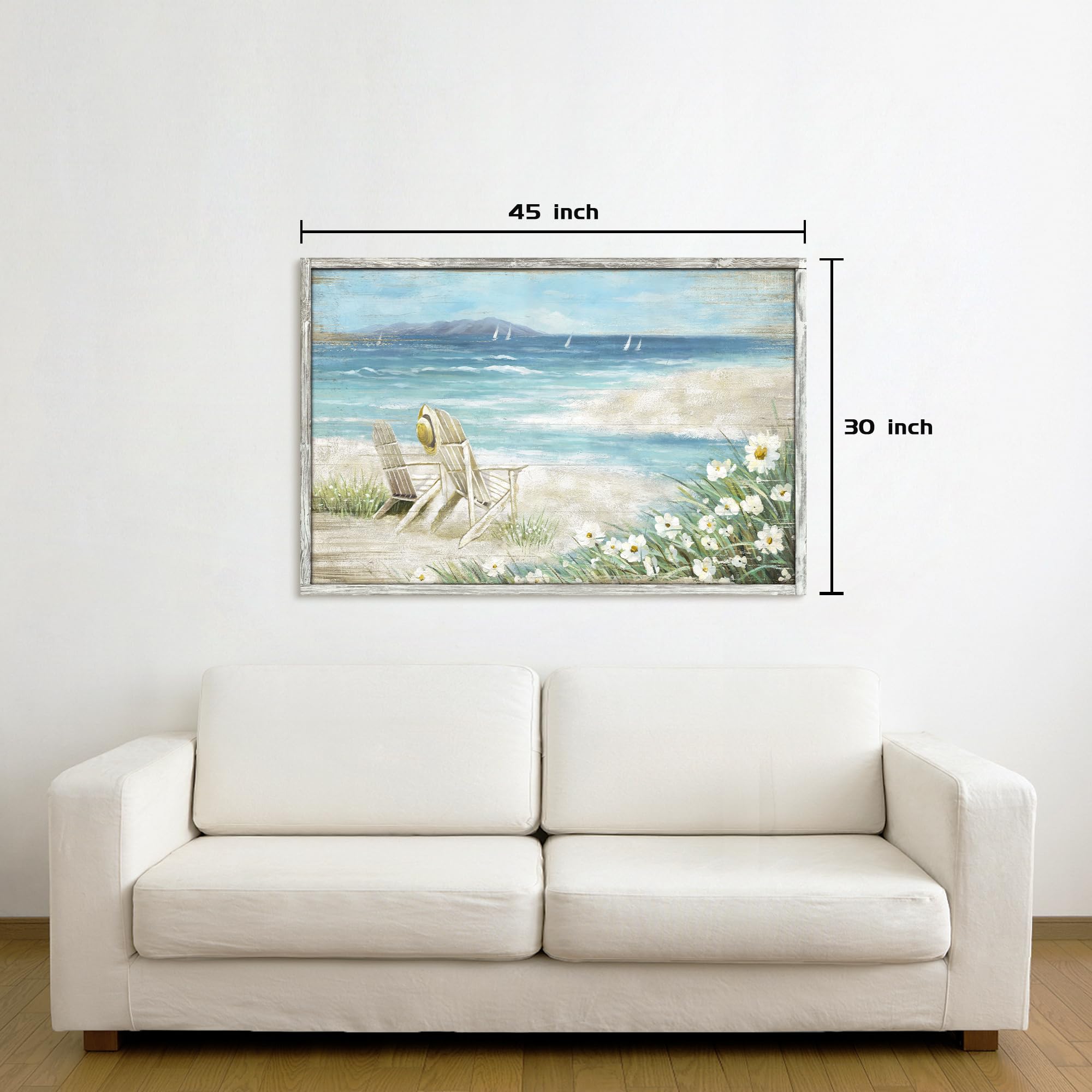 Framed Ocean Beach Wall Art: Wooden Coastal Waves Painting Abstract Nautical Seascape Artwork Heavy Textured Seaside Flower Prints Horizontal Rustic Shoreline Picture for Living Room