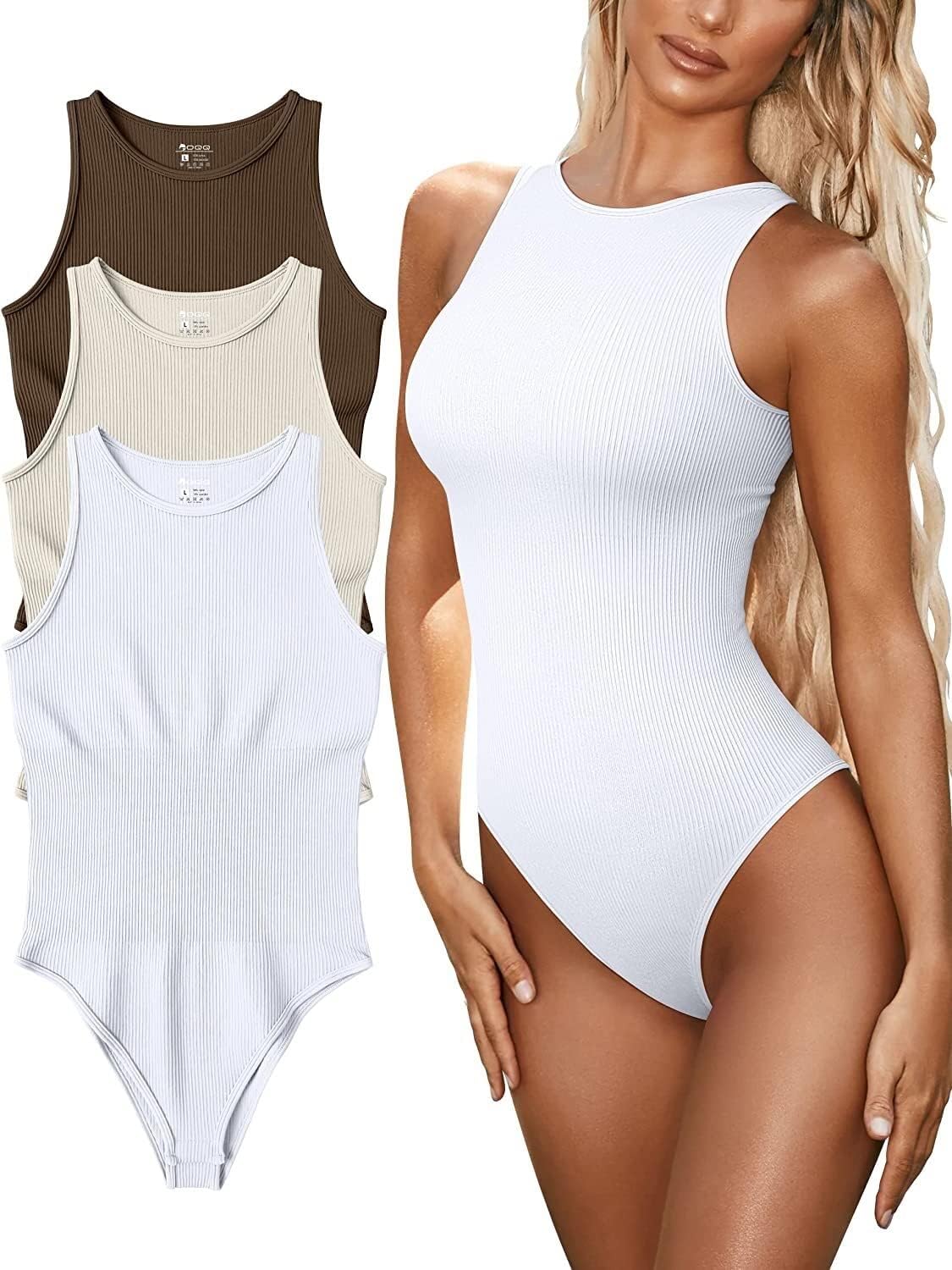 FUNNYBSG Womenâ€™s Sexy Ribbed Bodysuit Tops - 3 Piece Sleeveless Halter Neck Bodysuits with Tummy Control (Color : Coffee Beige White, Size : M)