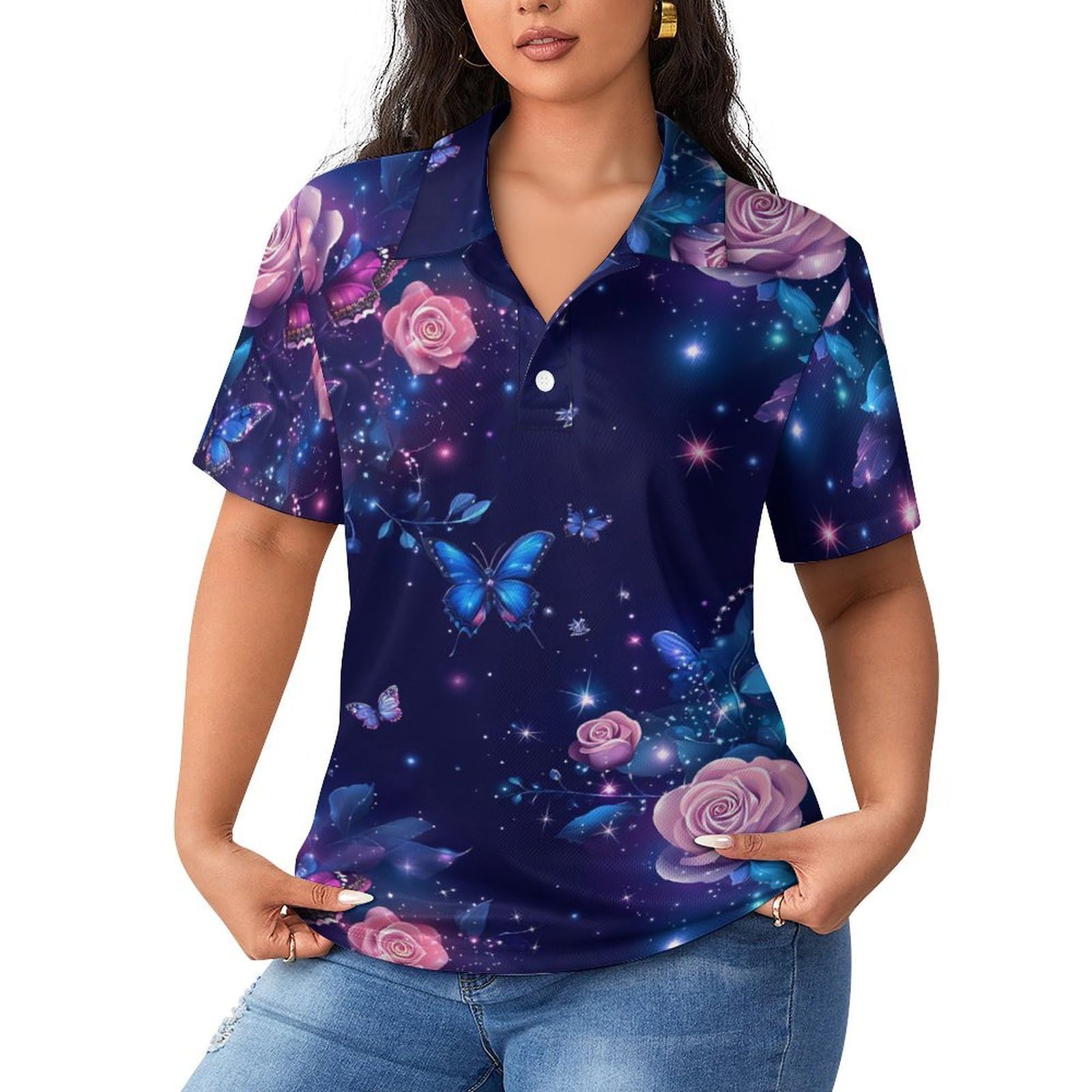 Polo de manga corta para mujer transpirable de ocio con estampado de rosas 8