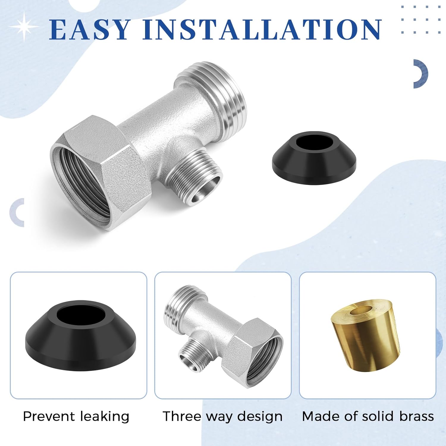 Blulu Bidet T Adapter, Metal T Valve for Bidet 7/8"x7/8"x3/8" with 12 Inch Flexible Toilet Connector, 3 Way Tee Connector Attachment for Toilet Bathroom
