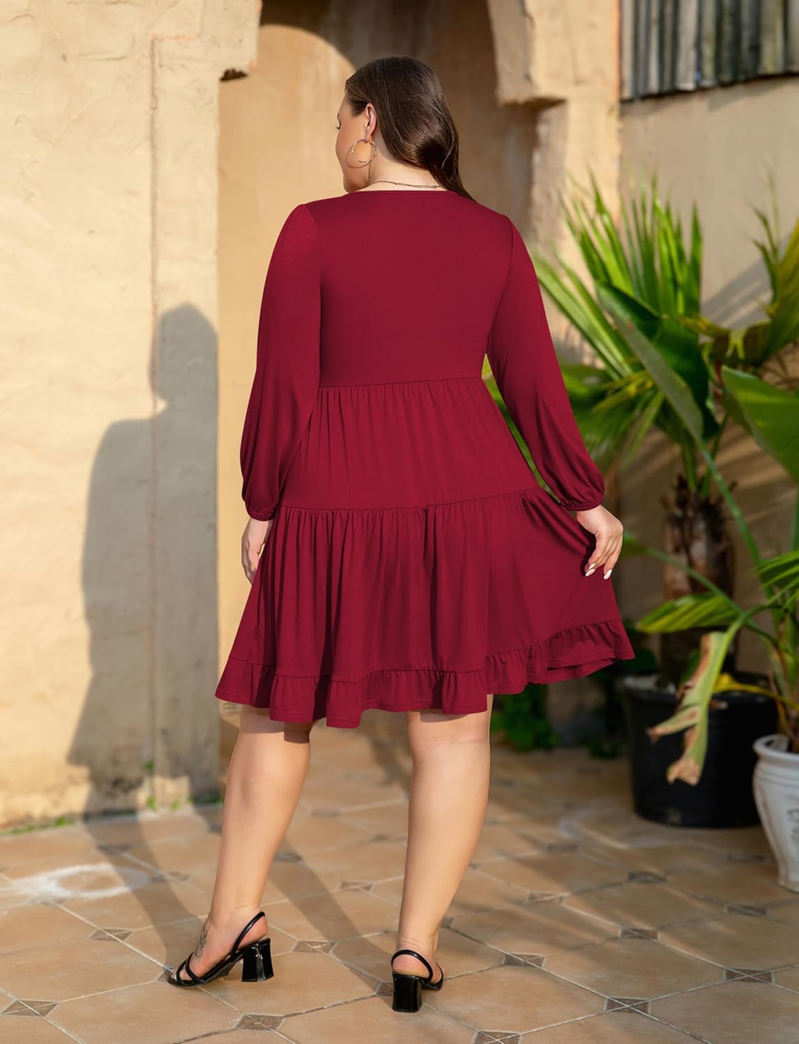 Women's Plus Size Casual Work Dress Long Sleeve V Neck Flowy with 2 Pockets Boho Tiered Ruffle Hem Dresses - Image 3