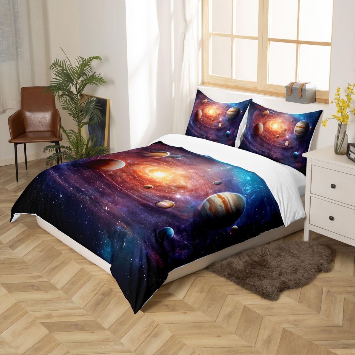Feelyou Galaxy Planet Printed Duvet Cover King Universe Decor Bedding Duvet Cover Solar System Outer Space Comforter Cover Teens Kids Boys Quilt Cover 3D Starry Sky Series Bedding Set