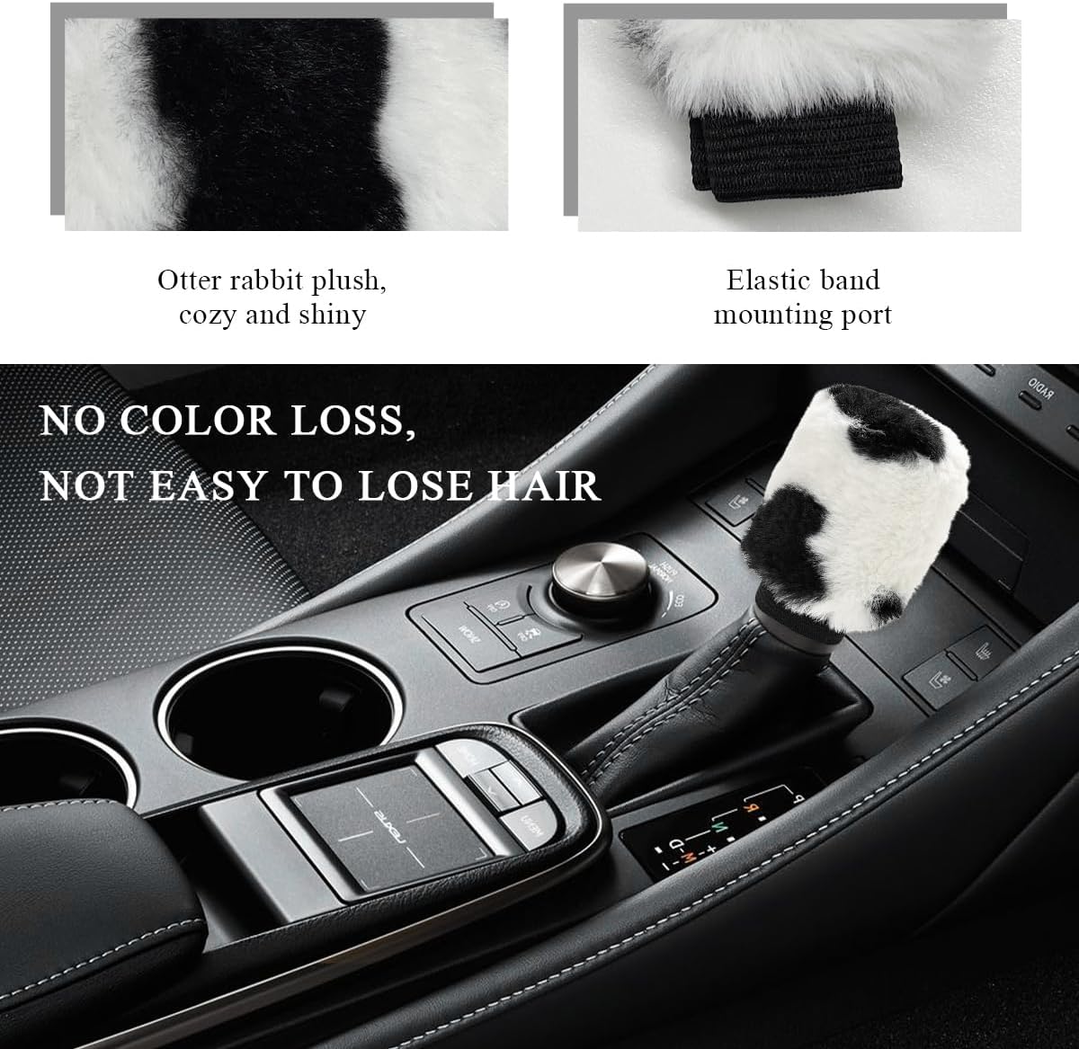 Cow Print Car Accessories Set, Soft Fluffy Plush Cute Cow Steering Wheel Cover & Handbrake Cover, Warm Furry Cow Print Armrest Mat & Shift Gear Cover, Car Accessories (Gear Cover)