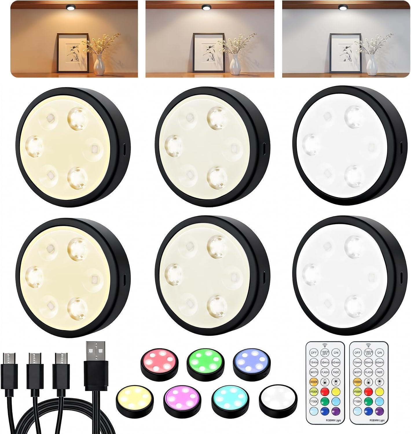 Luce LED Sottopensile, 2000 mAh Ricaricabile Luce LED con Telecomando, RGB e 3000K/4500K/6000K Luce Sottopensile, Dimmerabili Magnetiche Luce Sottopensile per Armadio Cucina Corridoi Scale