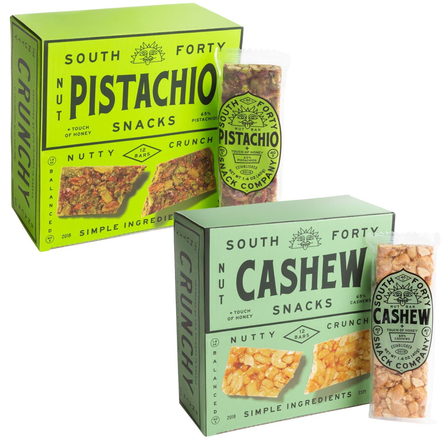 South 40 Snacks Pistachio and Cashew Bars, Extra Crunchy Nut Snack Bar, Simple Ingredients, Honey and Sugar, Unique Delicious Healthy Nut Clusters(40g Bar, Pack of 12)