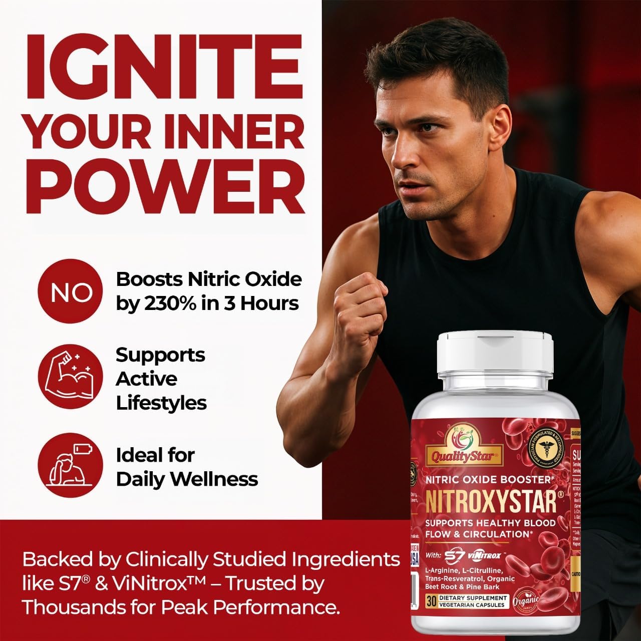 Nitroxystar Nitric Oxide Booster for Men & Women - Featuring S7® & ViNitrox™ - Blend with L-Arginine, L-Citrulline, Ginseng - Muscle Pump, Circulation, Endurance & Recovery Support - 30 Vegan Capsules