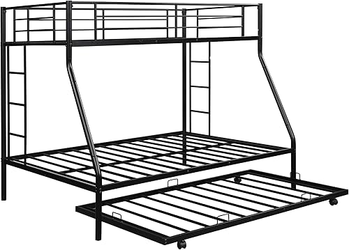 Miniatura 4 de Literas de metal para cama individual sobre tamaño matrimonial con 2 escaleras y cama nido para niños adolescentes adultos negro