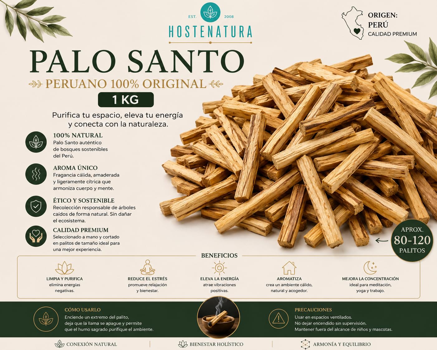 HOSTENATURA Palo Santo Peruano Auténtico Bursera Graveolens 1kg | 80-120 Palitos Naturales | Aromatización, Meditación y Bienestar | Origen Ético y Sostenible