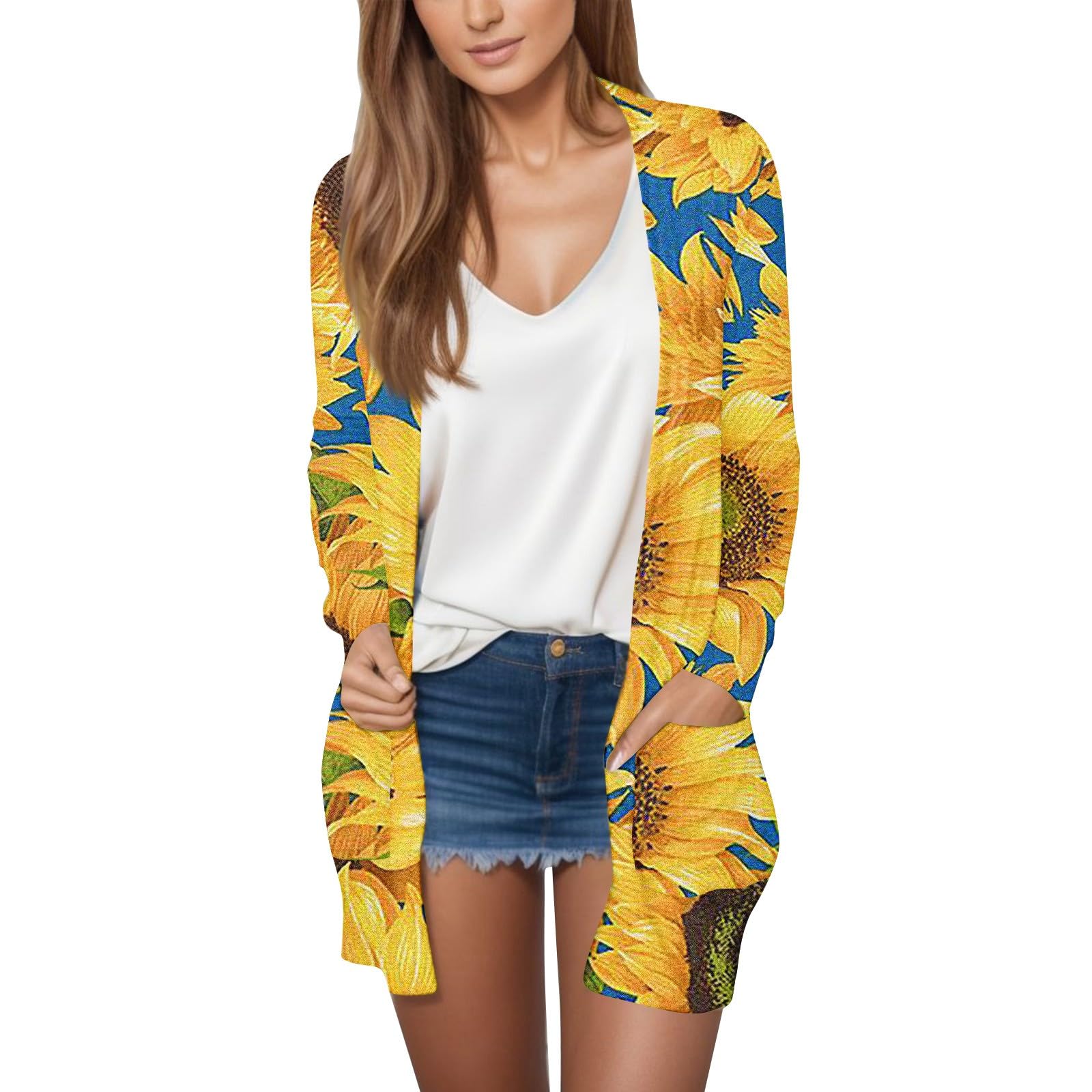 Womens Open Front Trendy Long Cardigan Lightweight Casual Sunflowers Print Loose Fit Long Sleeve Outfits with Pockets