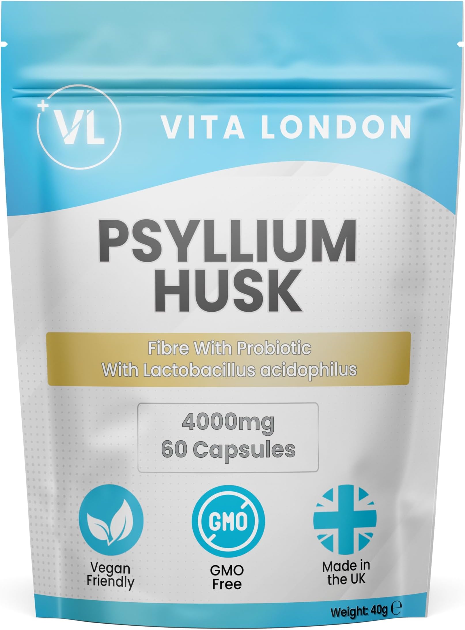 Psyllium Husk 4000mg Fibre Supplement – 60 High Strength Vegan Capsules (Easy Swallow) with Acidophilus Probiotics – Vita London Digestive Health Formula for Men & Women – Made in UK
