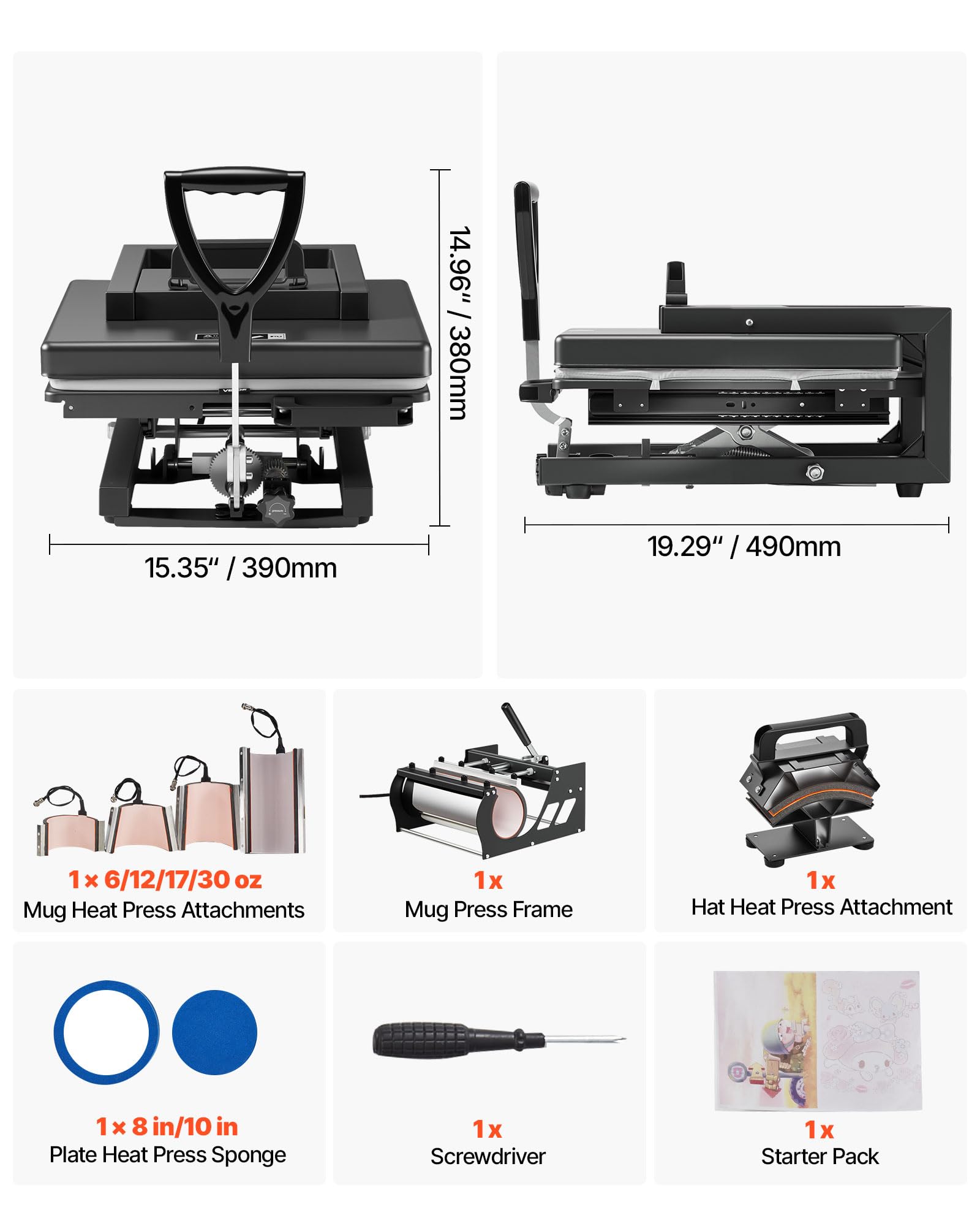 VEVOR Transferpresse 38 x 38 cm 8 in 1 Multifunktion, schnelles & gleichmäßiges Aufheizen, Heißpressmaschine Sublimationspresse Hitzepresse für T-Shirts/Tassen/Becher/Kappen/Teller, schwarz