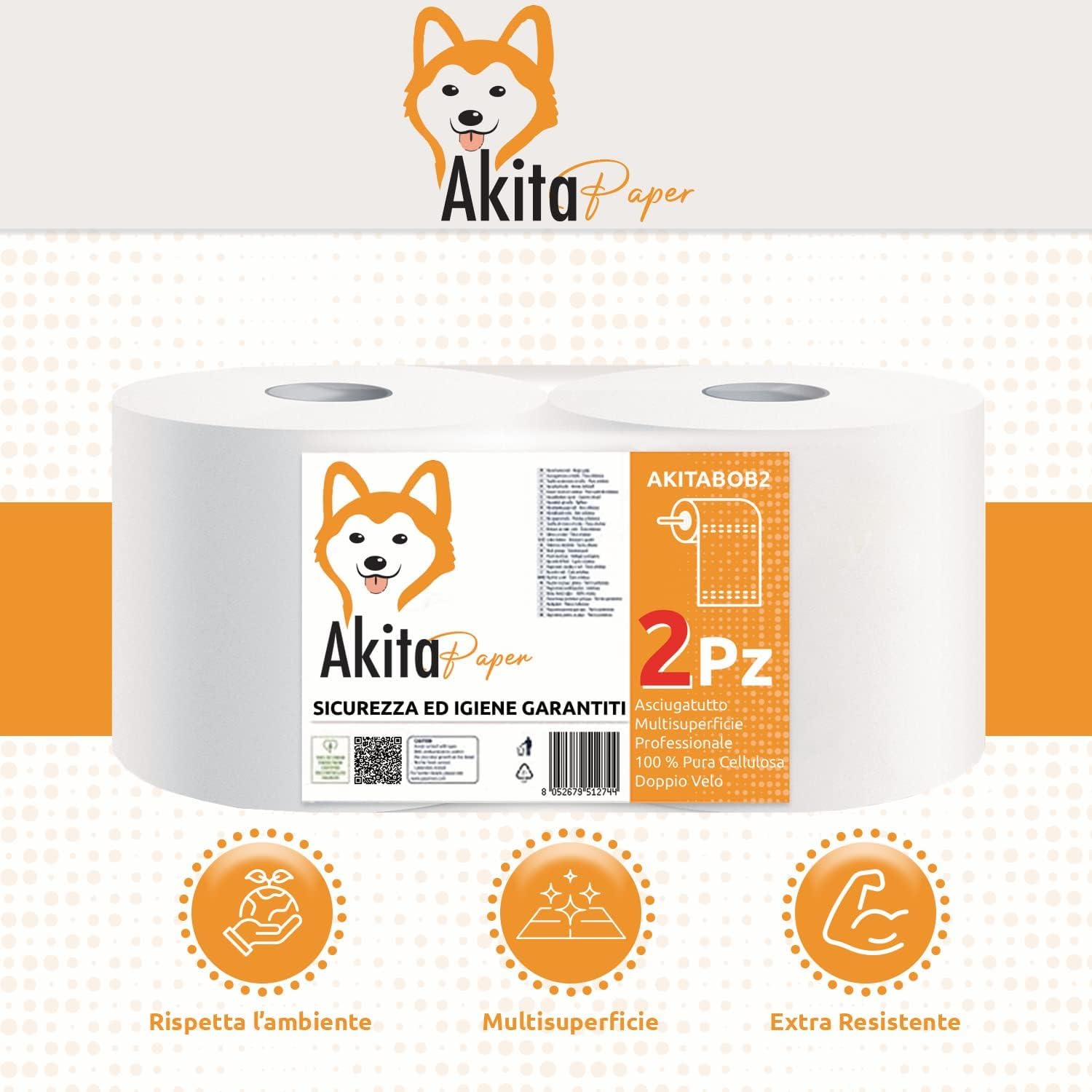 Akitaink 8 Rotoli di Carta Asciugatutto Extra Resistente da 2kg - 6400 Strappi, Lunga Durata, 2 Veli in Pura Cellulosa - Bobina di Carta Assorbente da Cucina Made in Italy