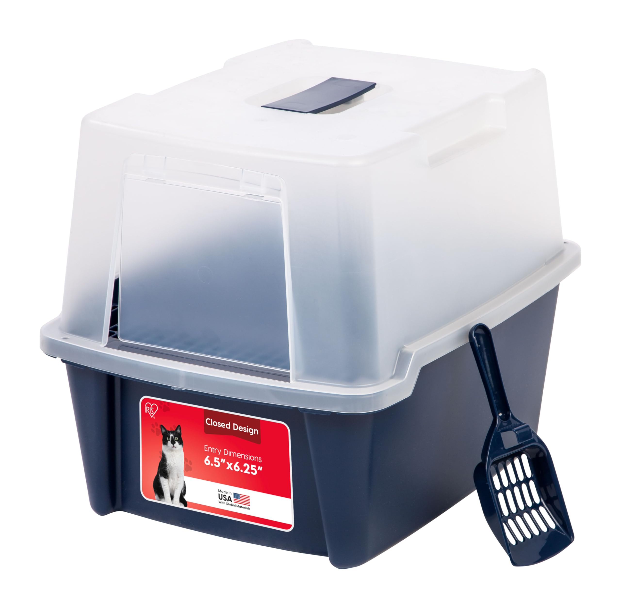 IRIS USA Cat Litter Box, Litter Box Enclosure with Scoop and Front Door Flap, Covered Kitty Litter Box for Privacy, Portable, Easy to Clean, Navy