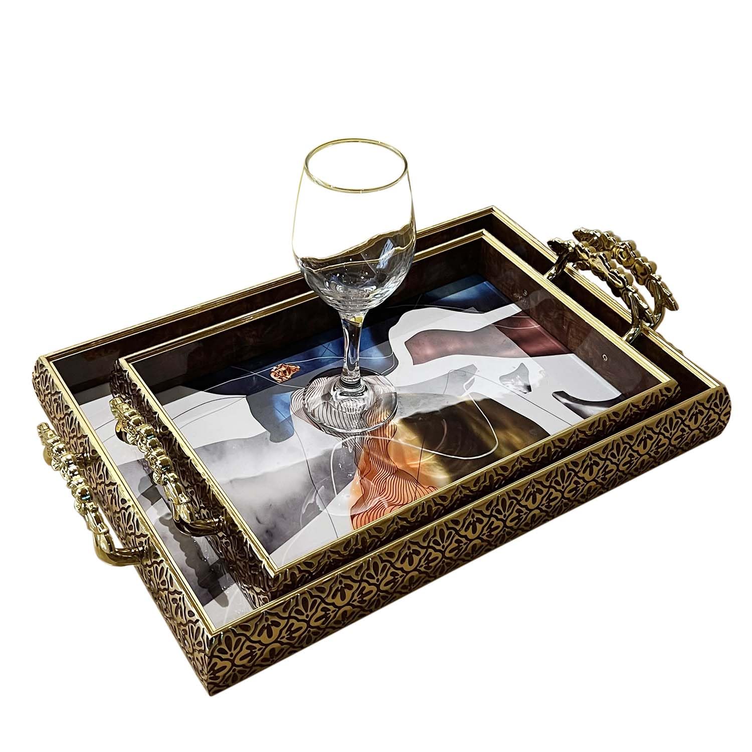 Zosenley Decorative Tray, Set of 2 Abstract Plastic Tray with Gold Patterned Handles