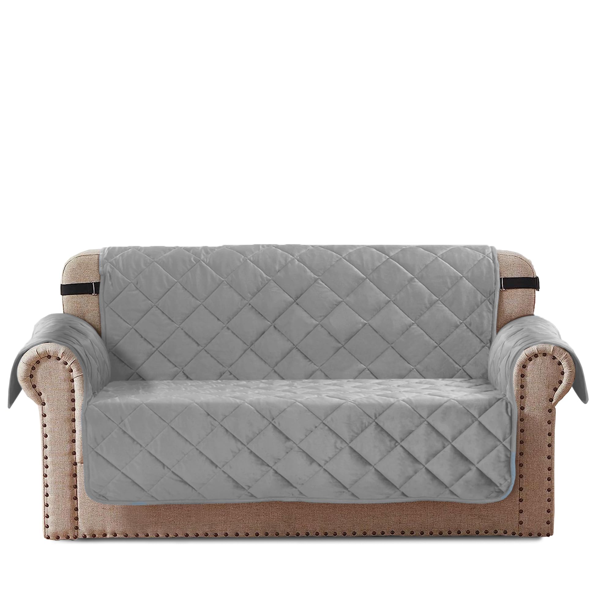 Velosso Luxury Velvet Sofa Cover 3 Seater, Soft Quilted Non Slip Sofa Cover with Elasticated Straps, Washable Slipcovers for Pets and Kids (Silver Grey)