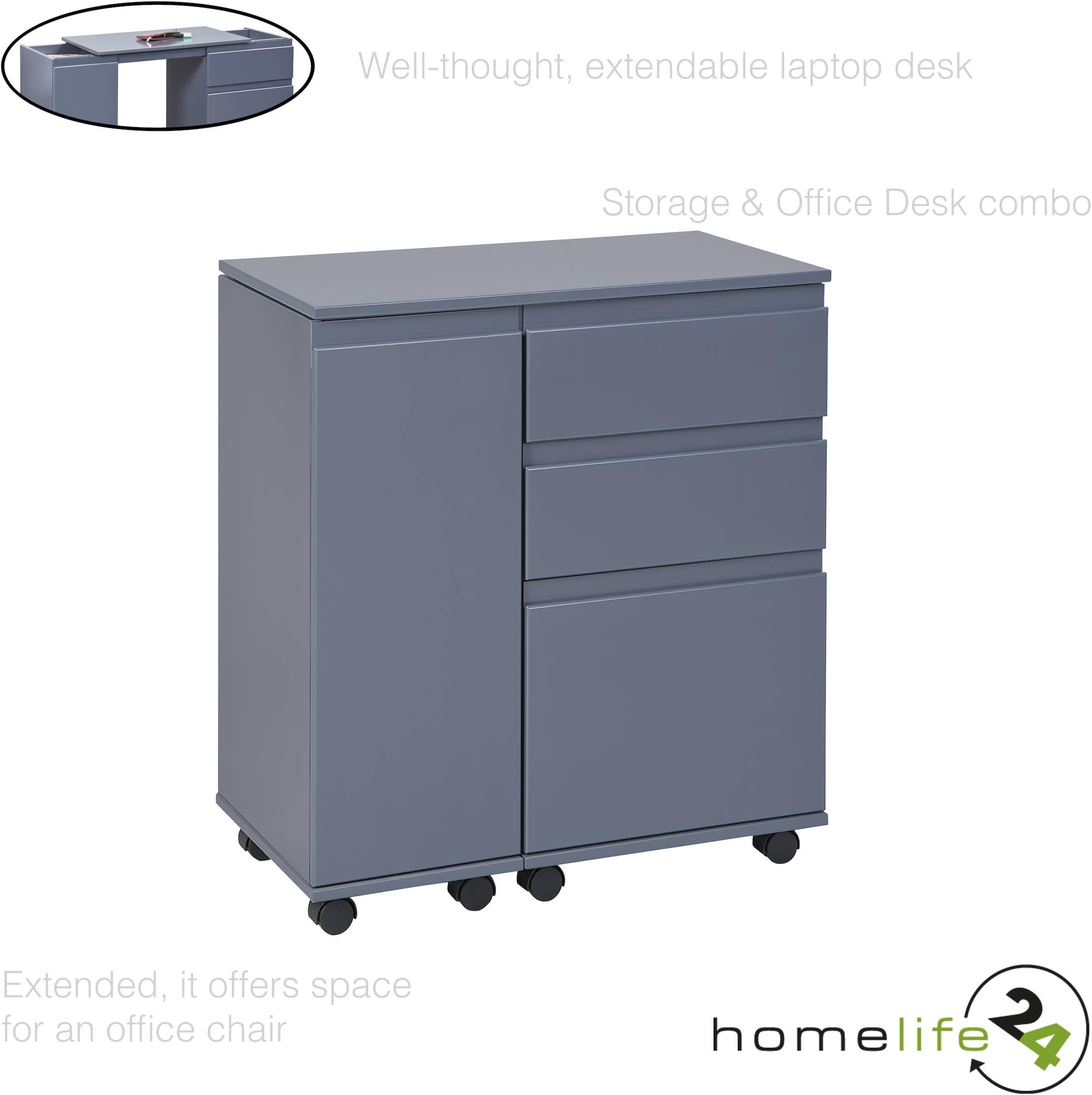 H24living Laptop desk for Home Office, compact, adjustable in width, mobile with 3 drawers and 1 door, Grey finish