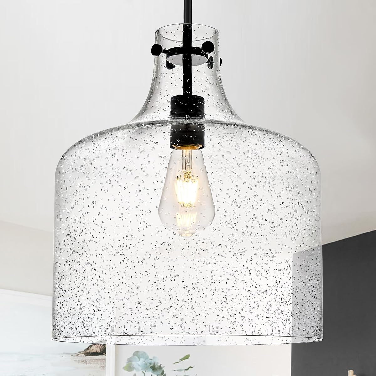 CATINER 12 Black Seeded Glass Pendant Light, Modern Farmhouse Hanging Ceiling