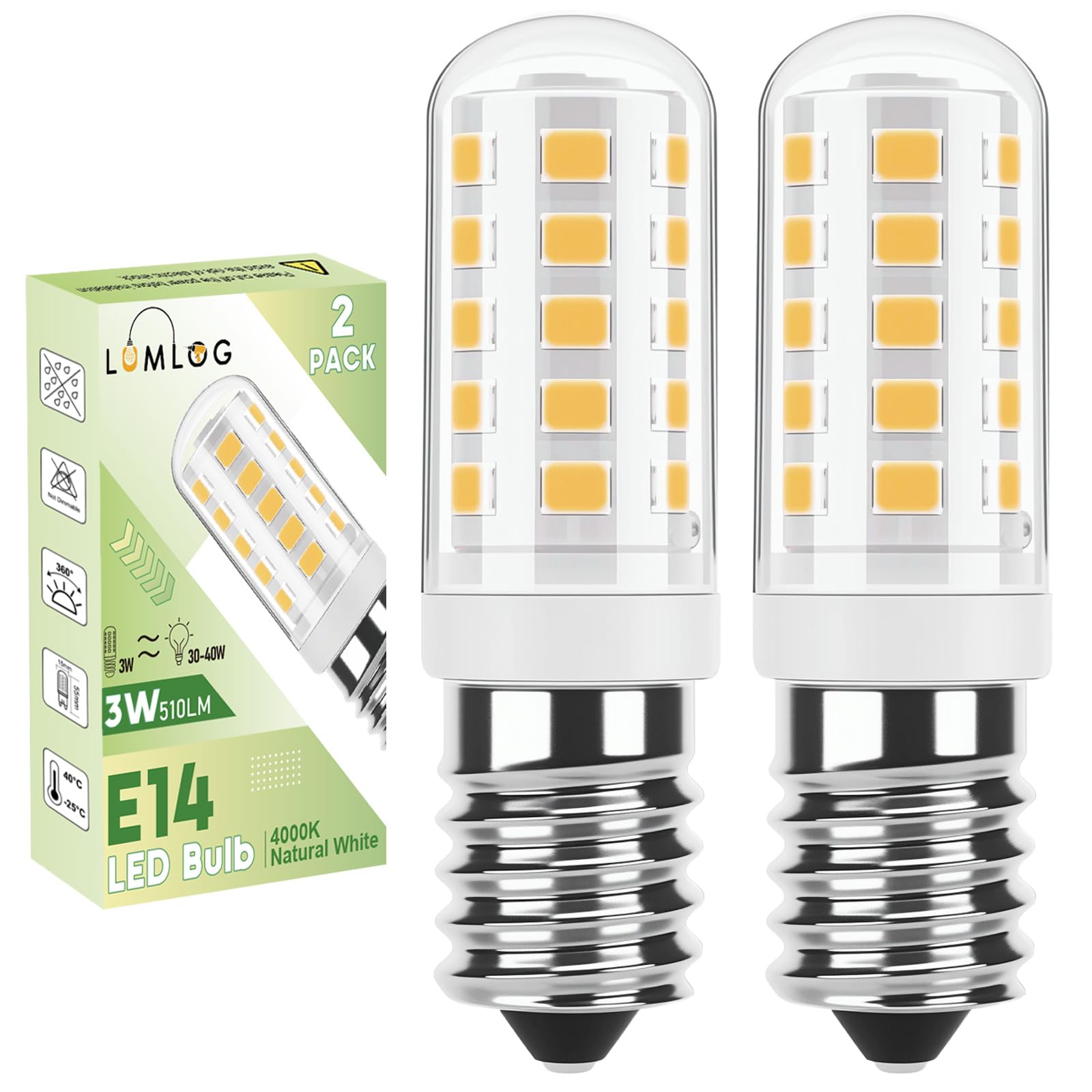 Lumlog E14 Led Light Bulbs Natural White, 3W 510Lm 4000K Cooker Hood Bulb, Equivalent to 30-40W Halogen, 220-240V No Flicker Non-Dimmable Energy Saving, for Home Lighting 2-Pack [Energy Class C]
