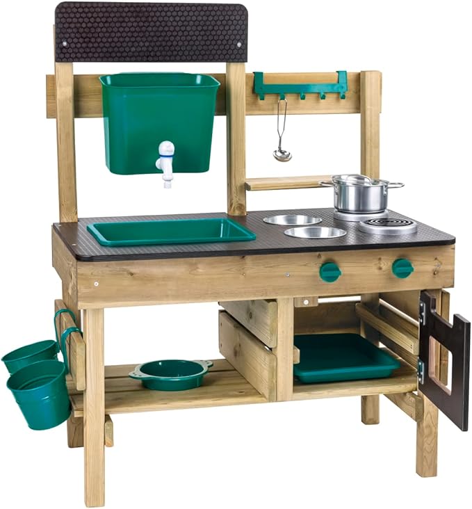An eco-friendly wooden mud kitchen from Hape set up for outdoor sensory play.