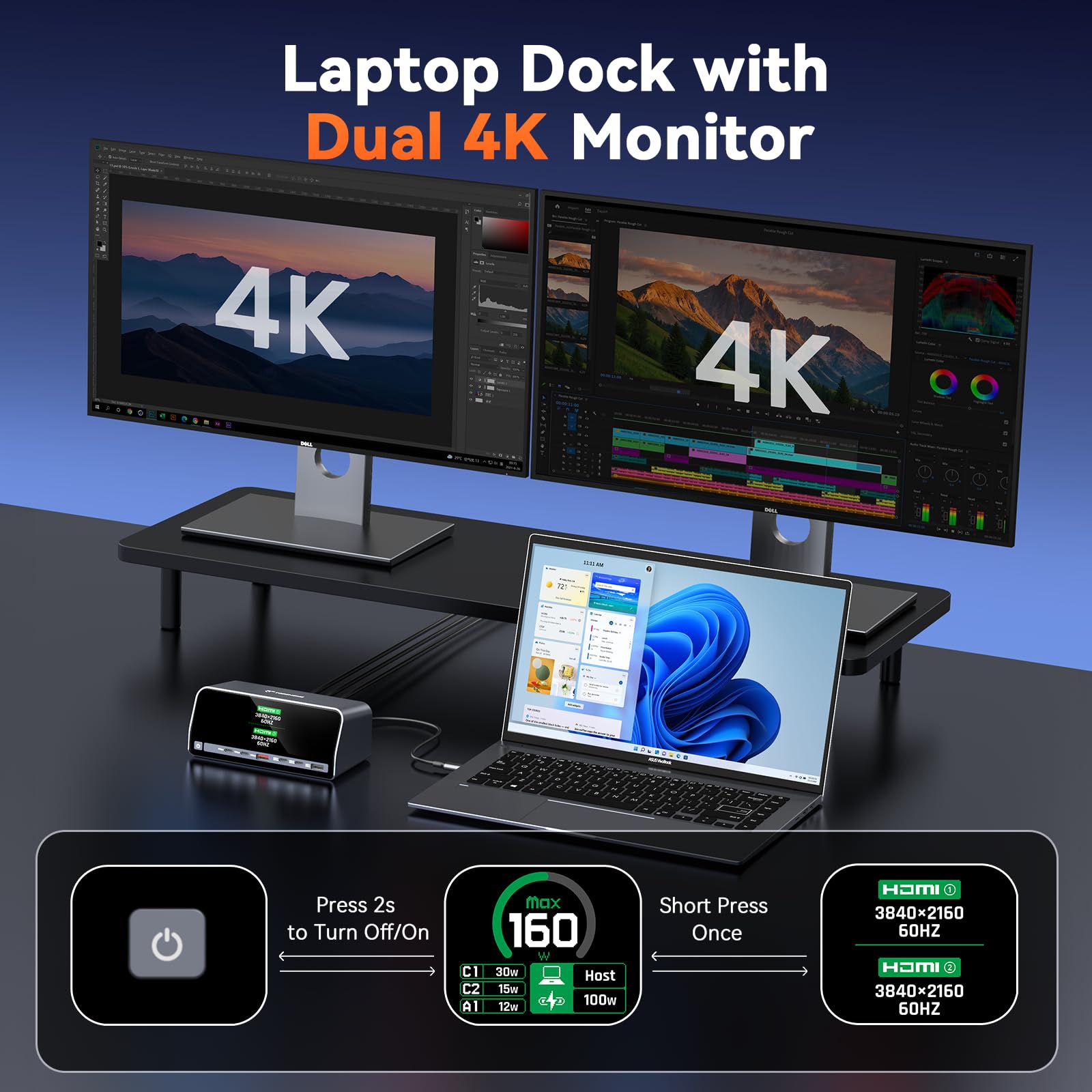 TobenONE Stacja dokująca, stacja dokująca do laptopa 13 w 1, podwójny monitor 4K z HDMI, porty PD 100 W, USB A/C 10 Gb/s, inteligentny wyświetlacz LCD, Gigabit Ethernet, maks. moc wyjściowa 160 W dla
