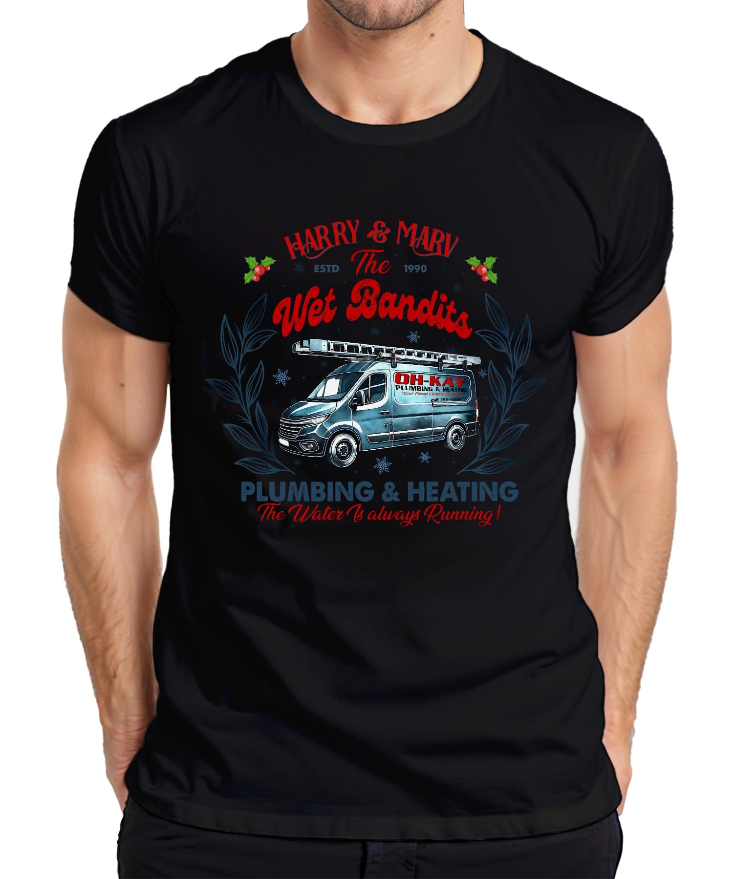 Printera Men's Black Harry & Marv Wet Bandits Plumbing Heating - Christmas Xmas T-Shirt, Xl