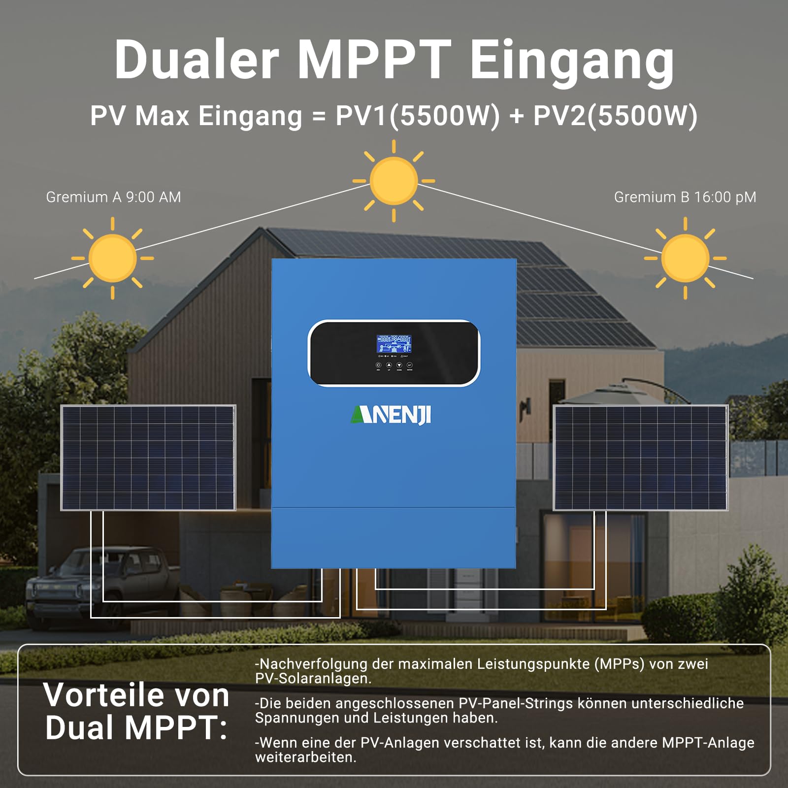 11KW Inverter ibrido 48V, 2 Ingressi FV, Funziona Senza Batteria, Inverter a Onda Sinusoidale Pura (WiFi/BMS), FV 60-500VDC, In Grado Di Immettere Energia In Rete, Con Modulo WiFi