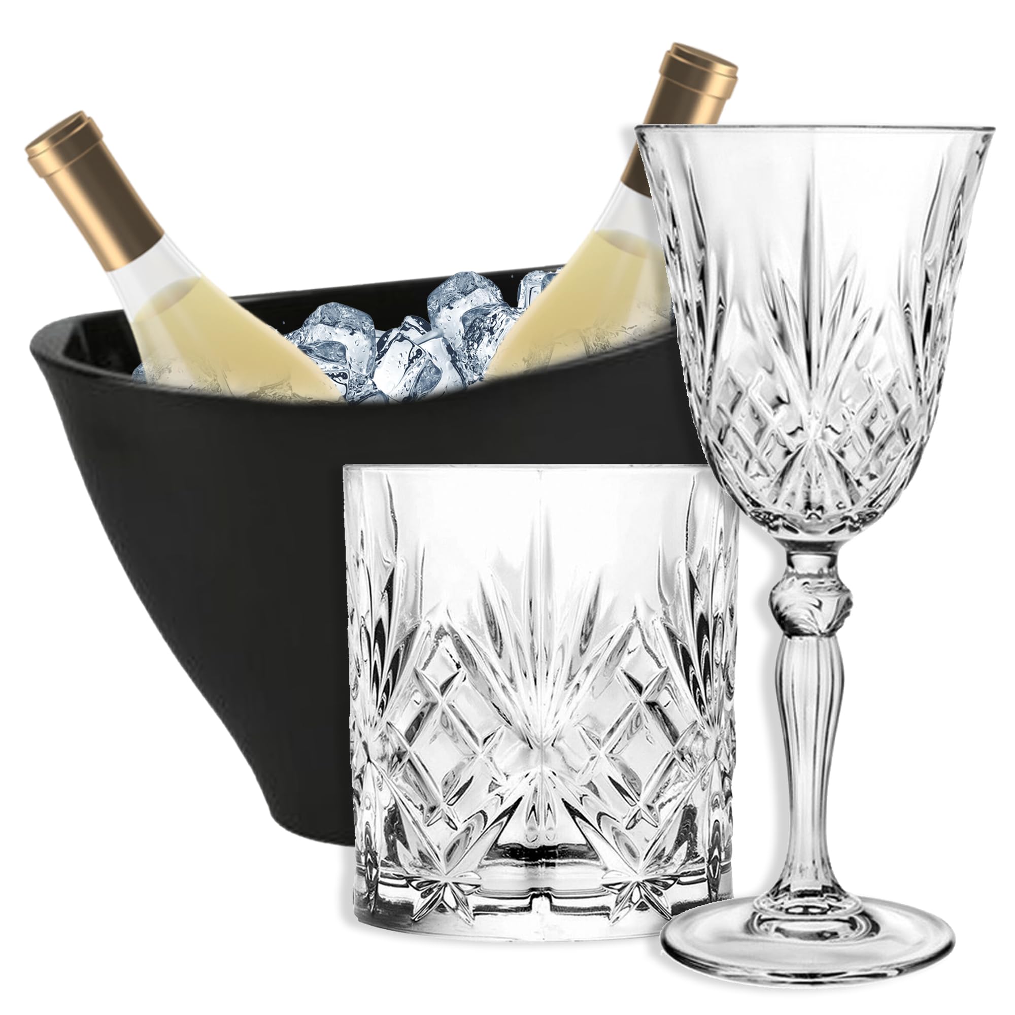 Sicignano - Juego de 6 copas de 27 cl, con 6 vasos de 34 cl, melodía para vino, agua, whisky, licores, cócteles, cristal ecológico, transparentes, resistentes, de regalo con cubo de champán negro y 2