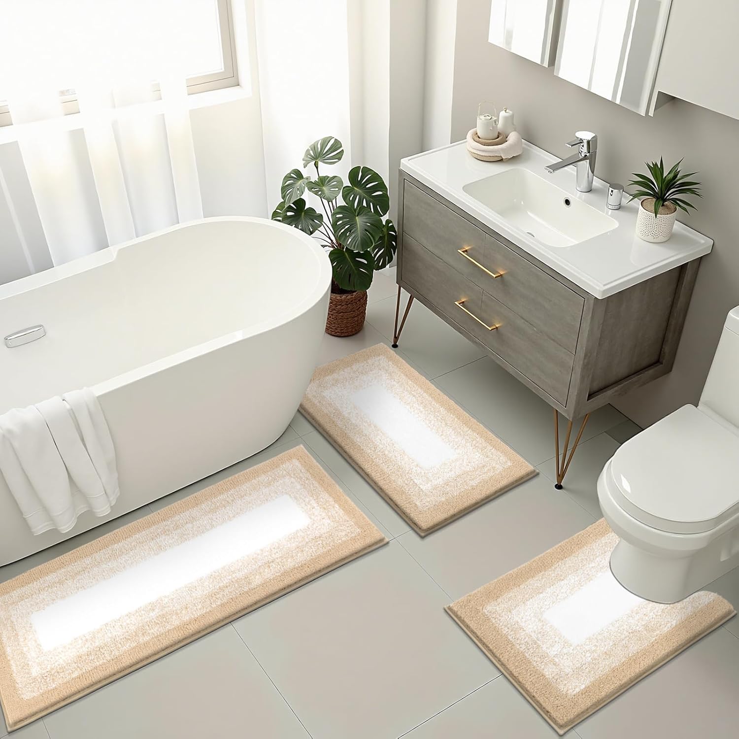 Bsmathom Bath Rug Sets 3 Piece, Absorbent Non-Slip Bath Mats Washable, Soft Shaggy Bathroom Mat Set Floor with U-Shaped Toilet Mat for Bathroom, Beige - Image 3