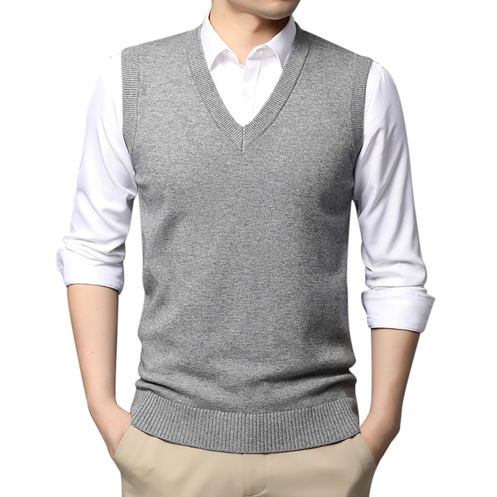 Chaleco de punto para hombre, cuello en V, jacquard, monocolor, chaleco de invierno, chaleco térmico básico, sin mangas, suéter de punto fino, suéter cálido y cómodo