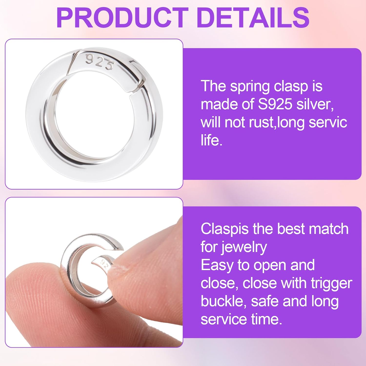 2pcs Sterling Silver Oval Round Clasp Hypoallergenic Tiny Necklace Shortener Enhancer Carabiner Snap Lobster Clip Spring Wedding Ring Connector for Women Bracelet Jewelry Making - 2 Sizes - Image 3