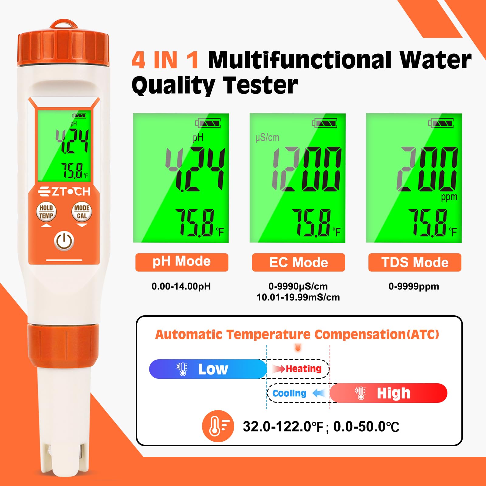 pH-Messgerät für Wasser, PPM EC Smart pH Meter für Hydroponisches Wasser, 4 in 1 pH Leitfähigkeit, PPM Temperaturmessgerät für Trinkwasser, Bier, Aquarium, Pool, Spa