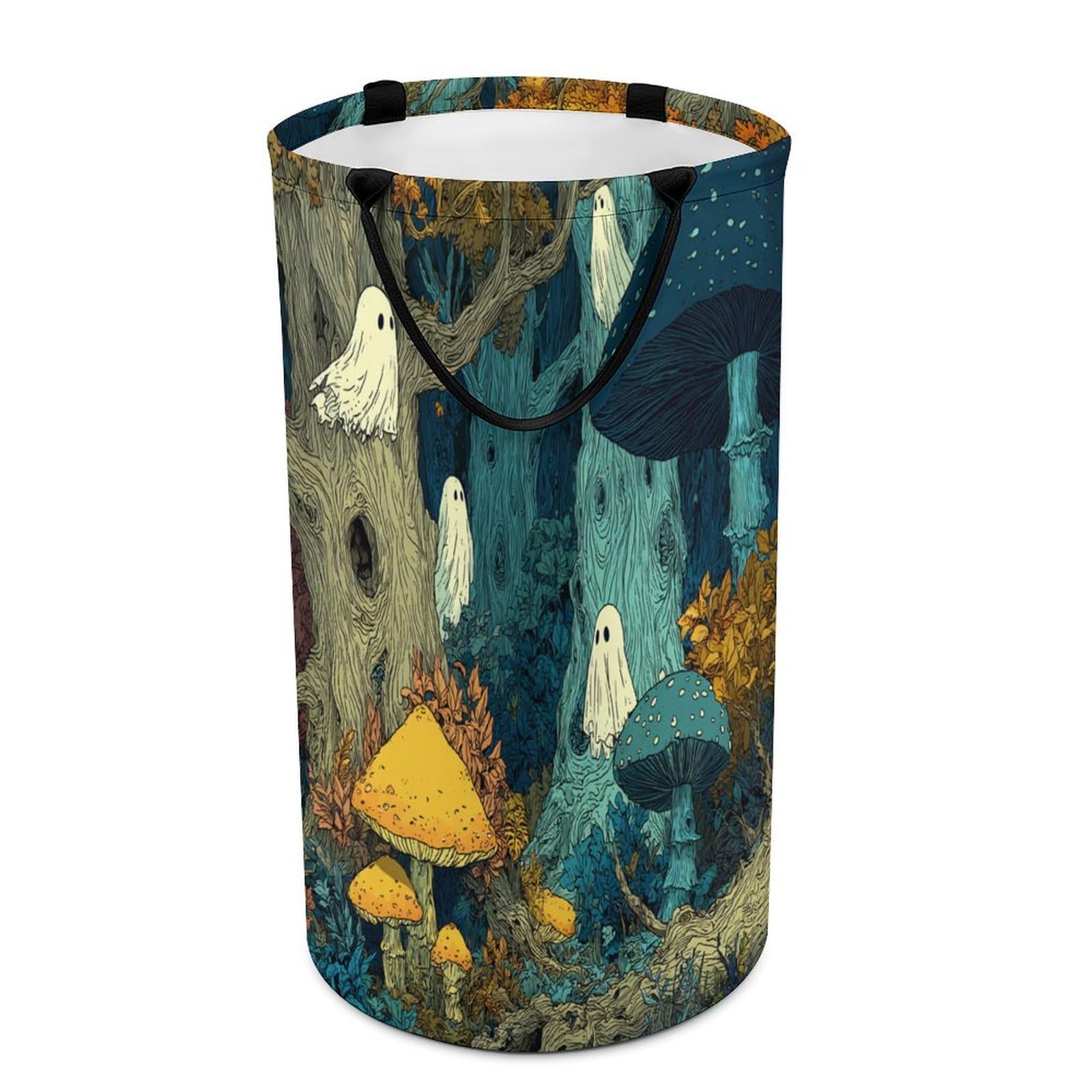 LUYYSKY Funny Fantasy Cute Ghost Collapsible Dirty Clothes Basket, Classic Oil Painting Halloween Mushroom Forest Ghost Pattern Portable Clothes Storage Basket