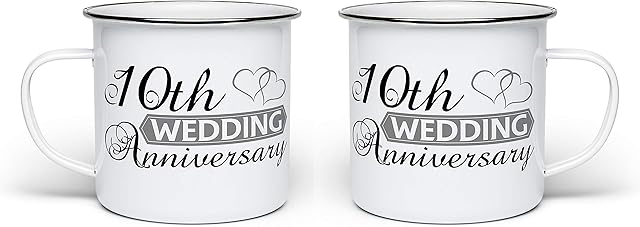 Pair of Wedding Anniversary - Two Hearts (10th Tin) Enamel Tin Novelty Gift Mugs - White