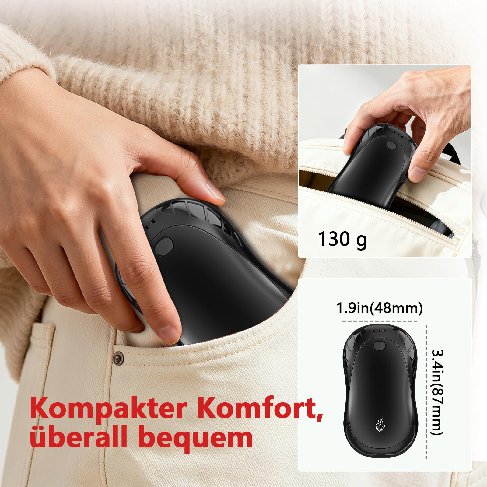 Handwärmer Elektrisch Split 2er-Pack mit USB, 3 Heizmodi Tragbare Elektrischer Taschenwärmer für Outdoor im Winter 6000mAh,Handwärmer Wiederaufladbar für Outdoor Sport