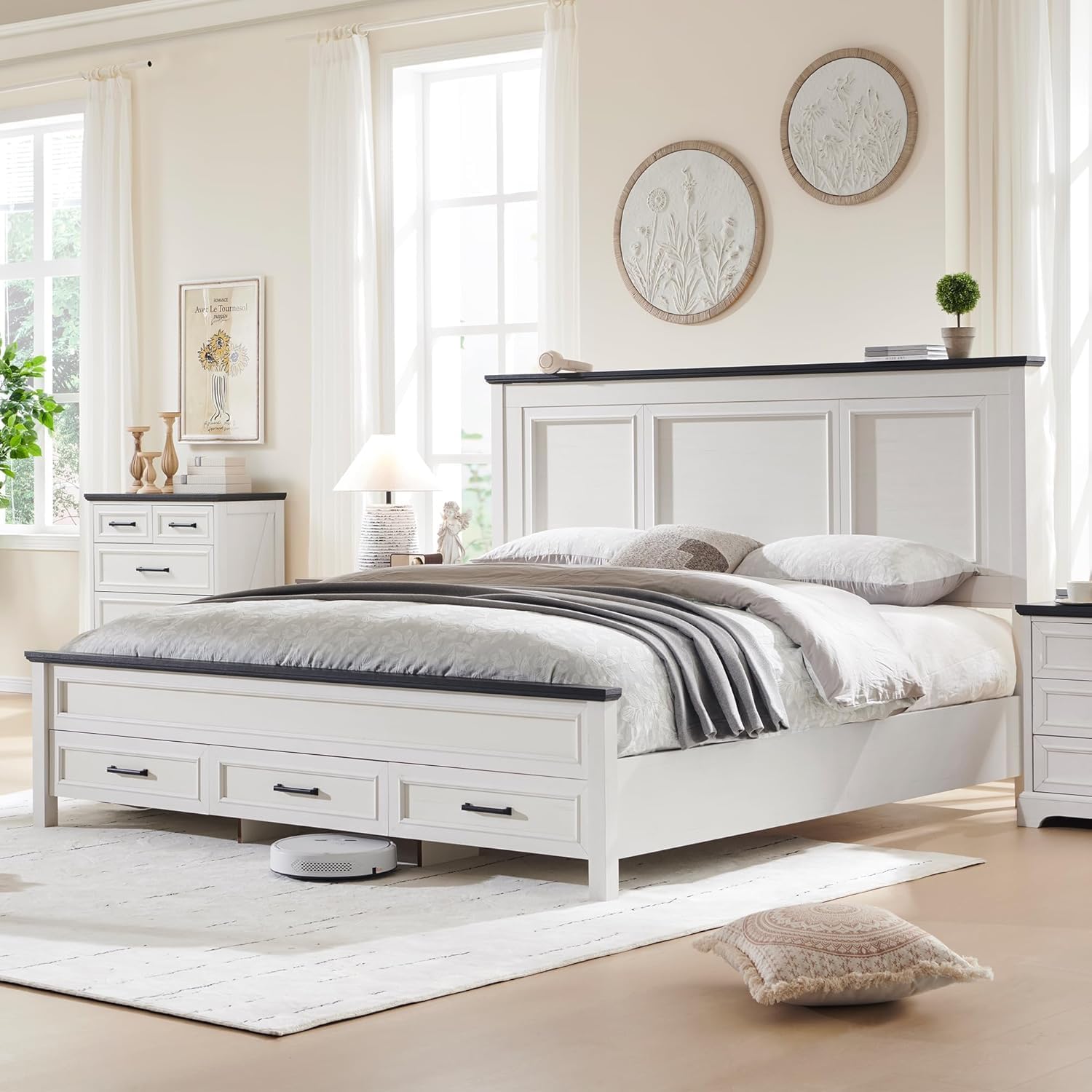 JXQTLINGMU Farmhouse King Wood Bed Frame with 52" Tall Headboard & 20" H Footboard, Platform Bedframe with Hidden Storage Drawers, Noiseless, No Box Spring Required, Off White
