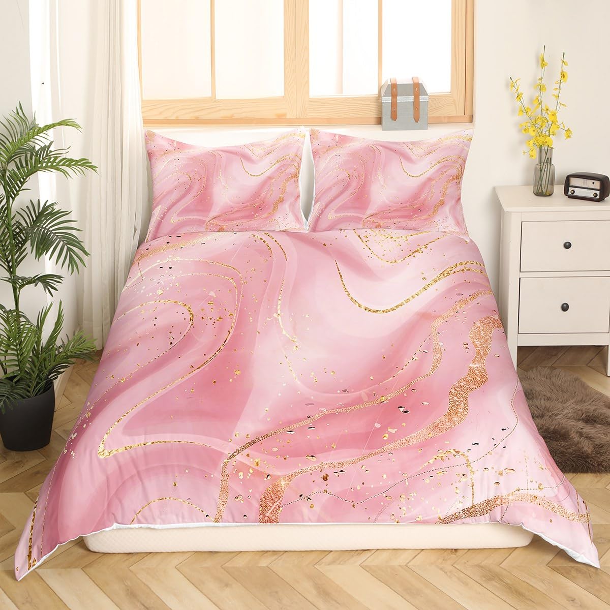 Erosebridal Pink Ombre Duvet Cover Twin Size,Romantic Pink Marble Bedding Set for Girls Women,Golden Lines Comforter Cover,Fluid Ink Art Bed Sets with 1 Pillowcase Lightweight