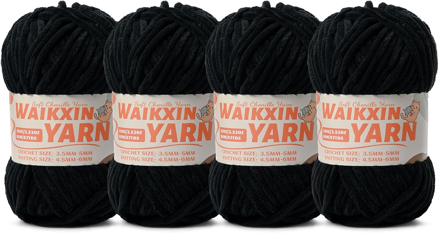（4 Black） 4 Pack Super Soft Fuzzy Chenille Chunky Yarn for Crocheting, 400g (350yds) Velvet Fluffy Amigurumi Yarn for Hand Knitting Baby Blankets Weaving Craft
