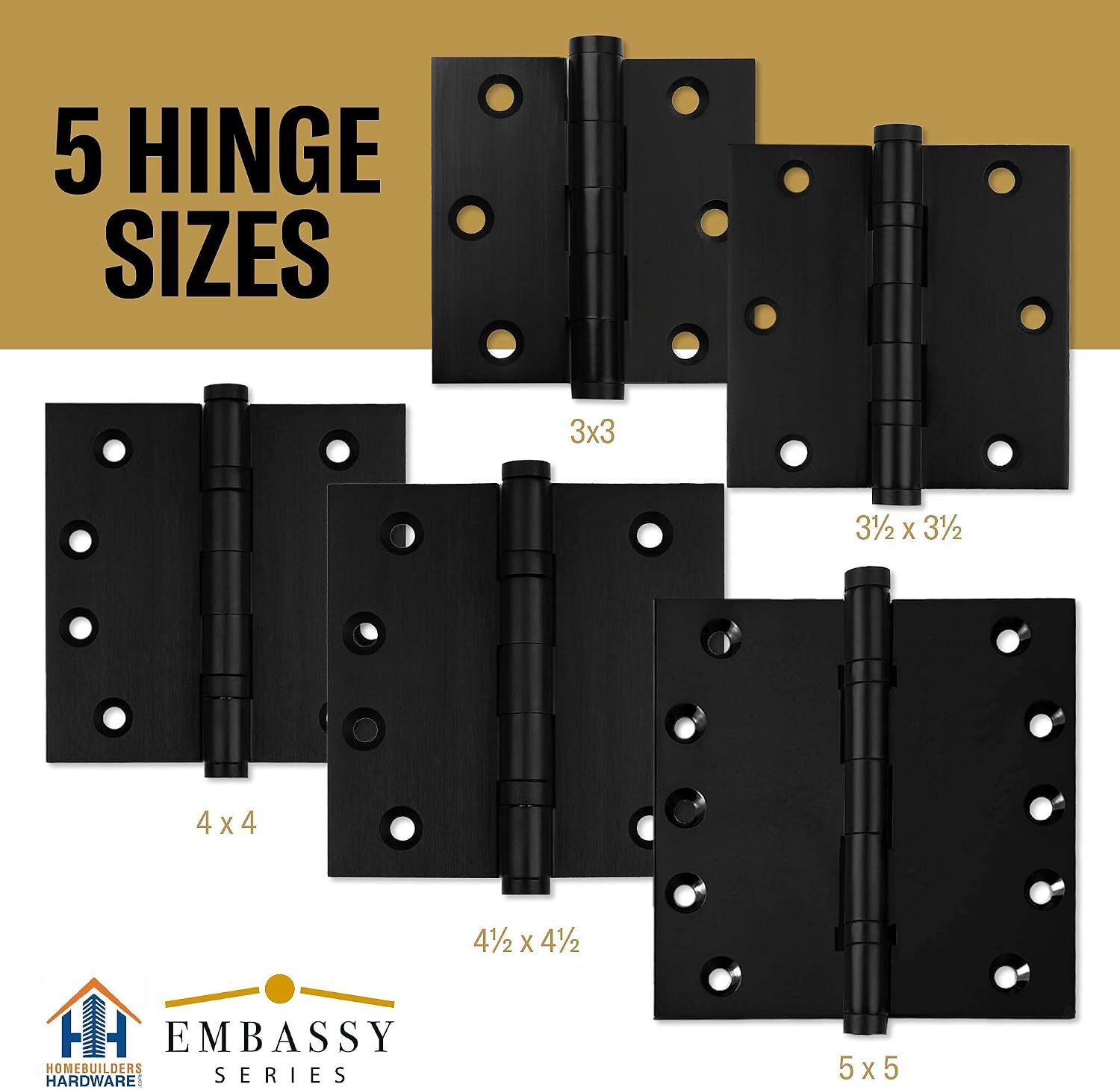 EMBASSY Door Hinge Solid Brass - 3 x 3 Inch, Heavy Duty, Black, Rust Resistant Pin, Architectural Designer Grade, Home Improvement, 2 Pack